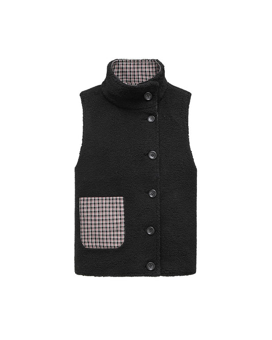 Black Plaid Reversible Diagonal-Front Plush Vest