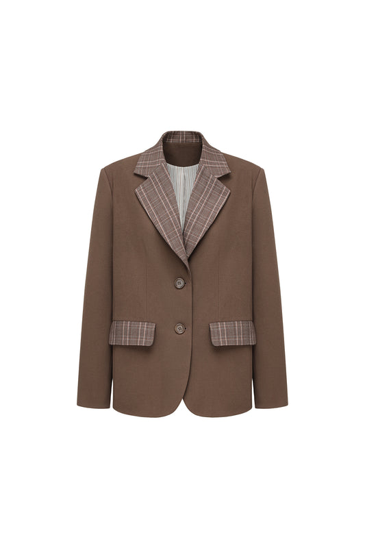 Brown Plaid Patchwork Loose-Fit Blazer