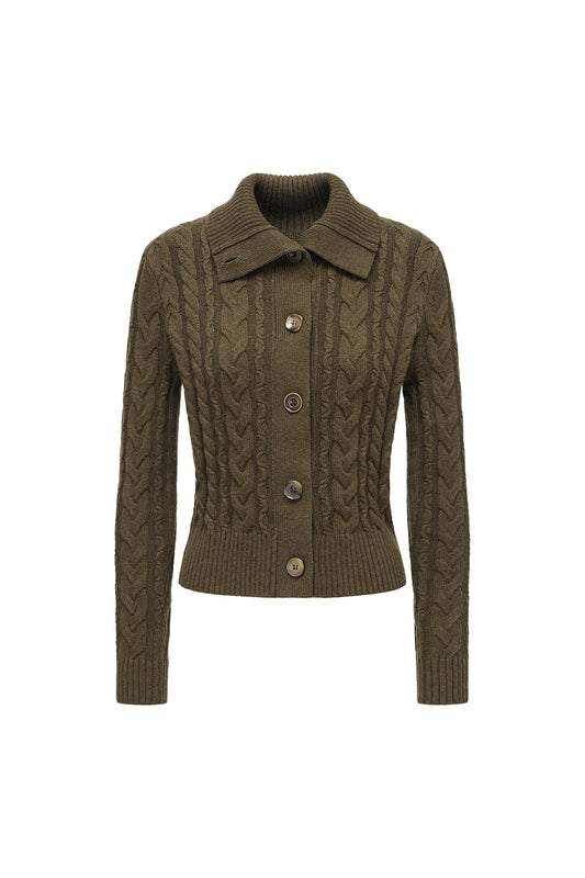 Olive Green Cable Knit Wool Sweater
