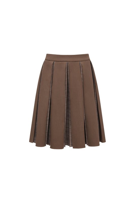 Brown Layered Pleated Plaid Patchwork Skirt