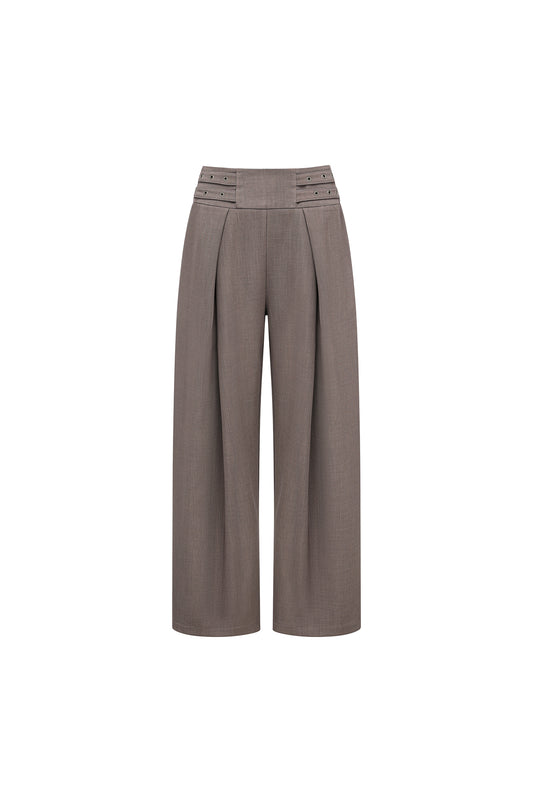 Grey High-Waisted Pleated Wide-Leg Trousers