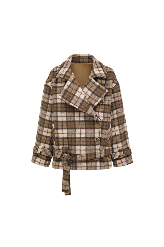 Plaid Asymmetric Lapel Wool Coat