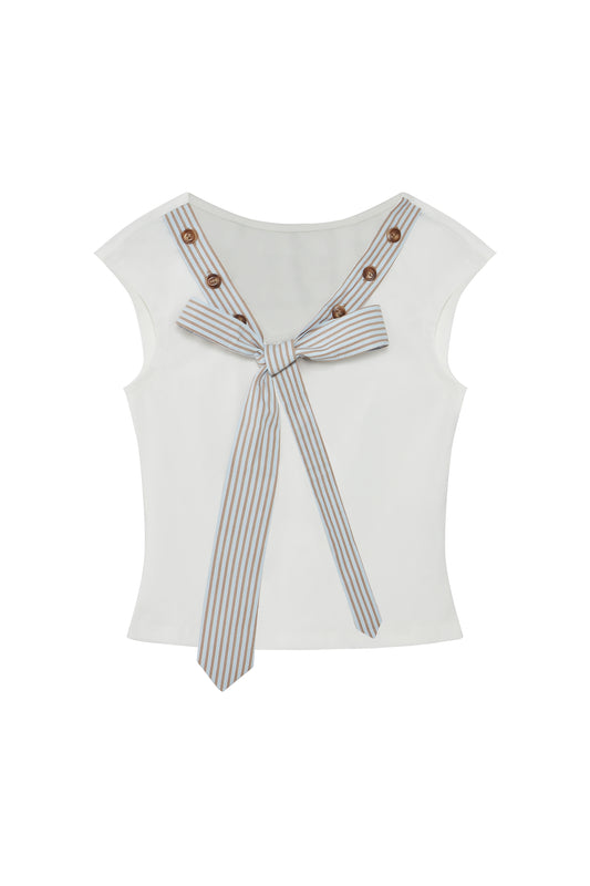 Striped Tie-collar Button Multi-way T-shirt