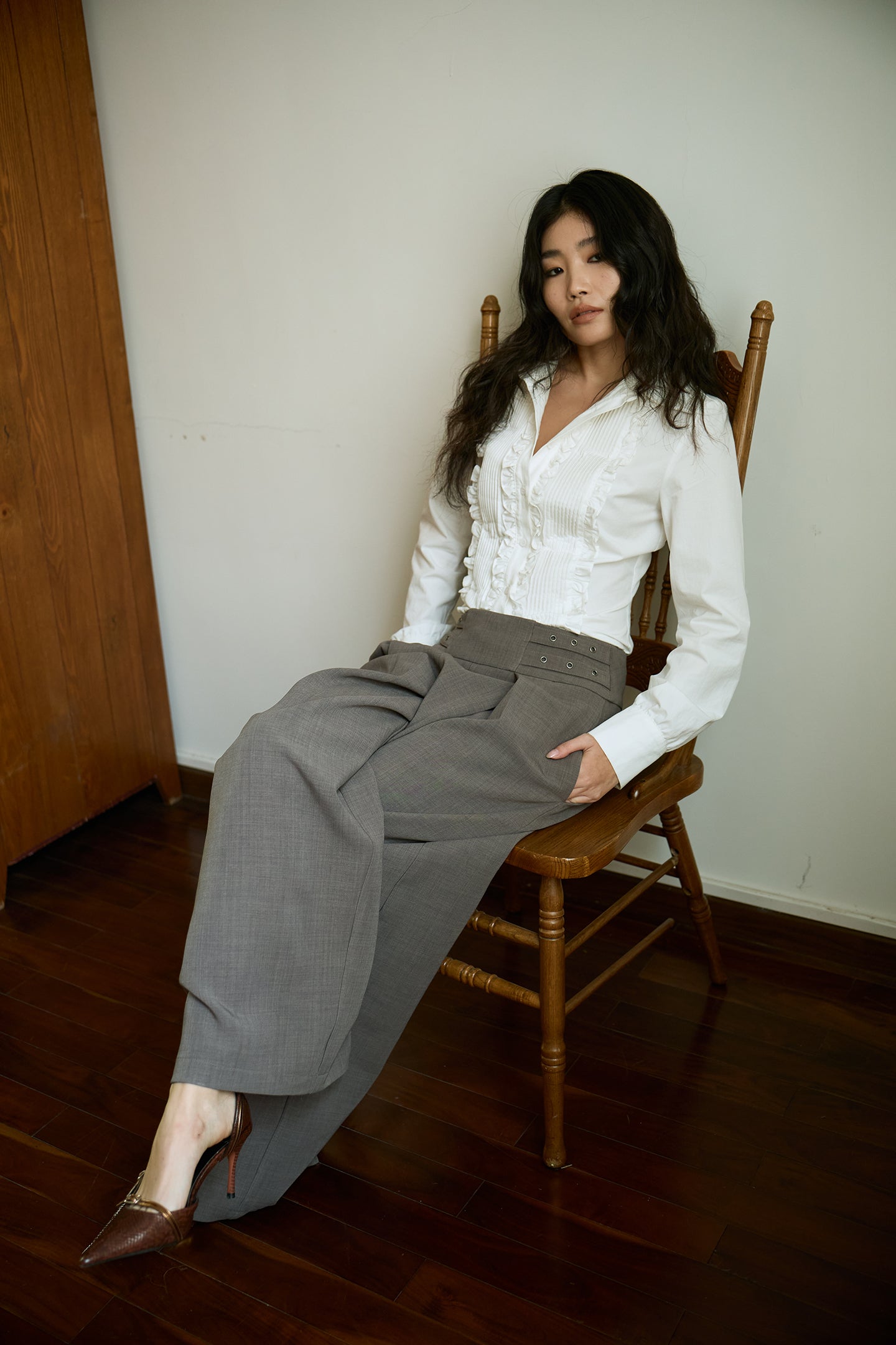 Grey High-Waisted Pleated Wide-Leg Trousers