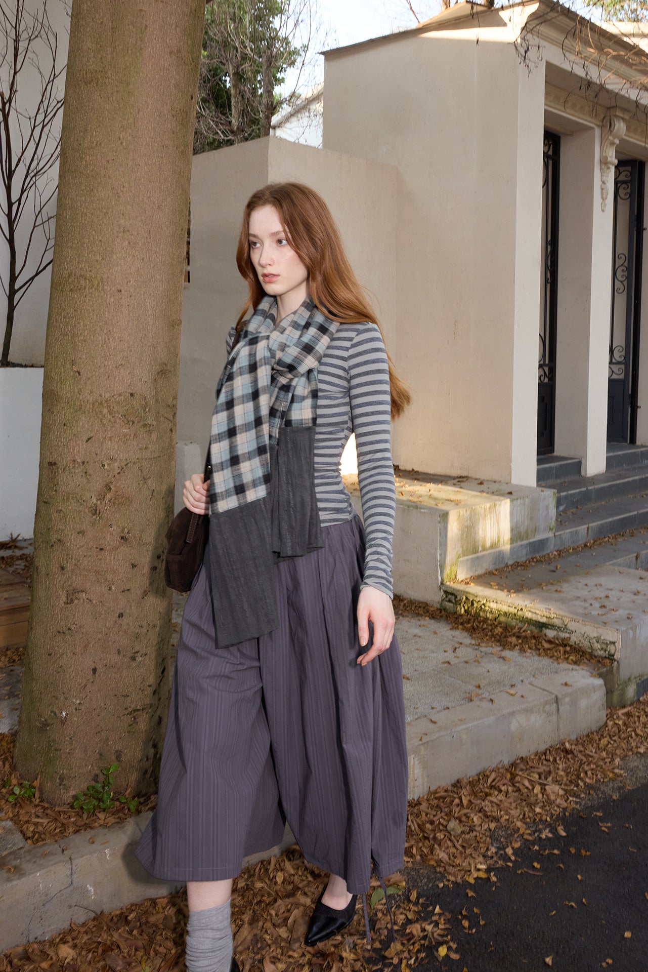 Grey Striped Detachable-Scarf Top