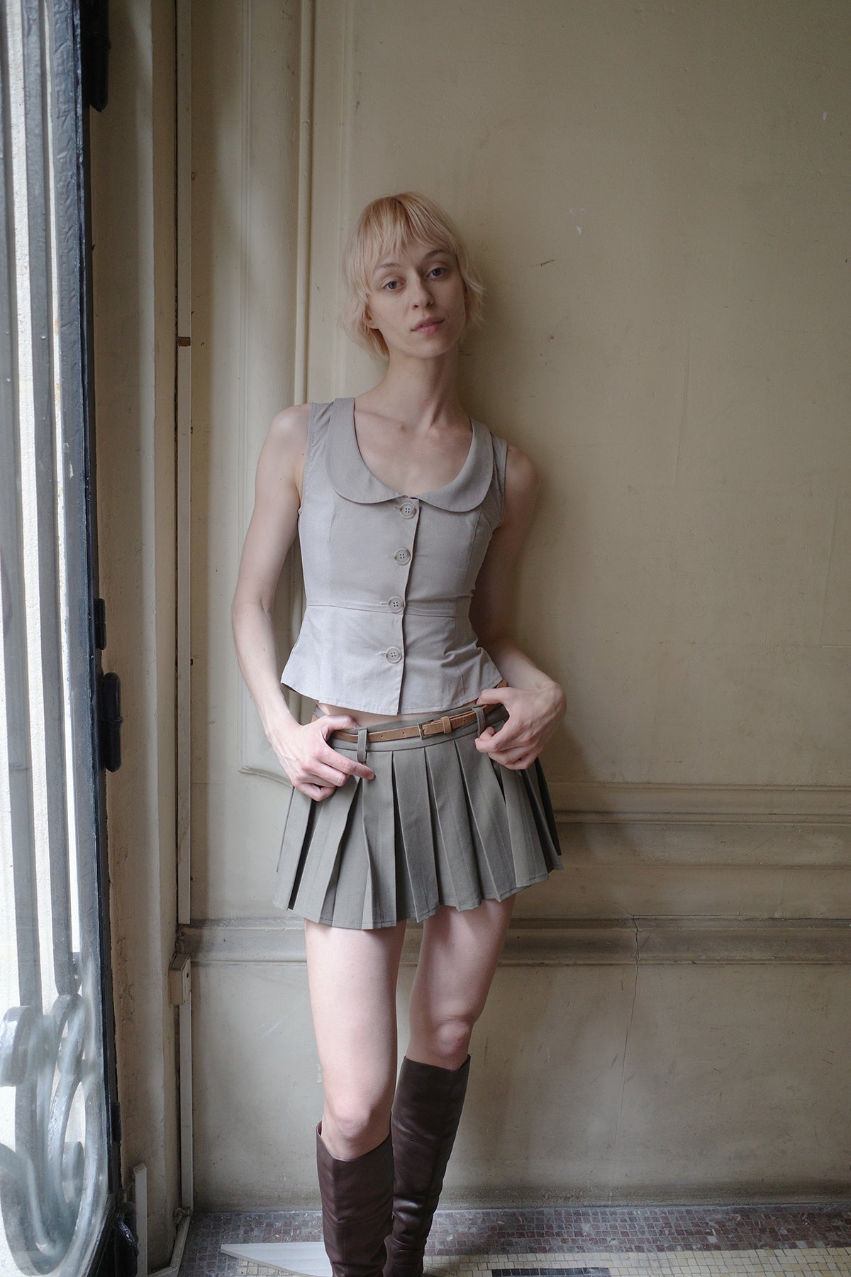 "Tea Break" Grey Doll Collar Vest