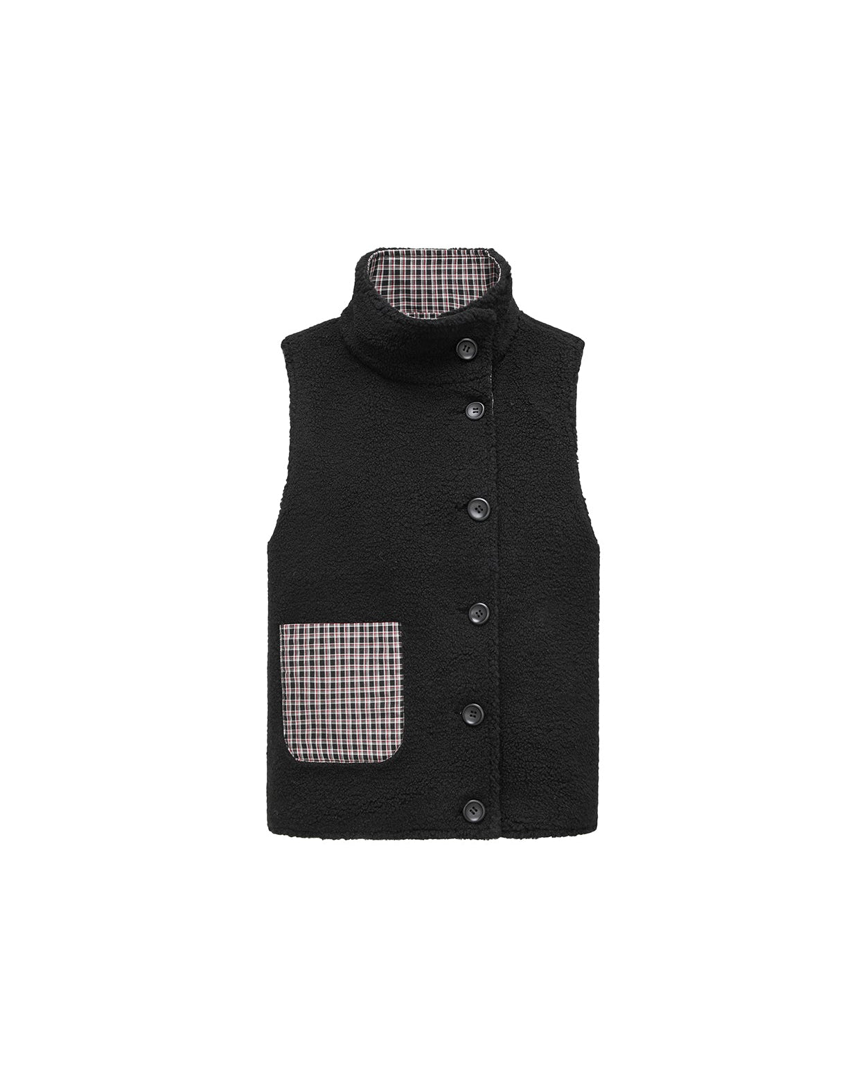 Black Plaid Reversible Diagonal-Front Plush Vest