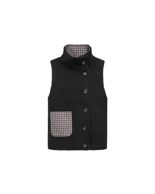 Black Plaid Reversible Diagonal-Front Plush Vest