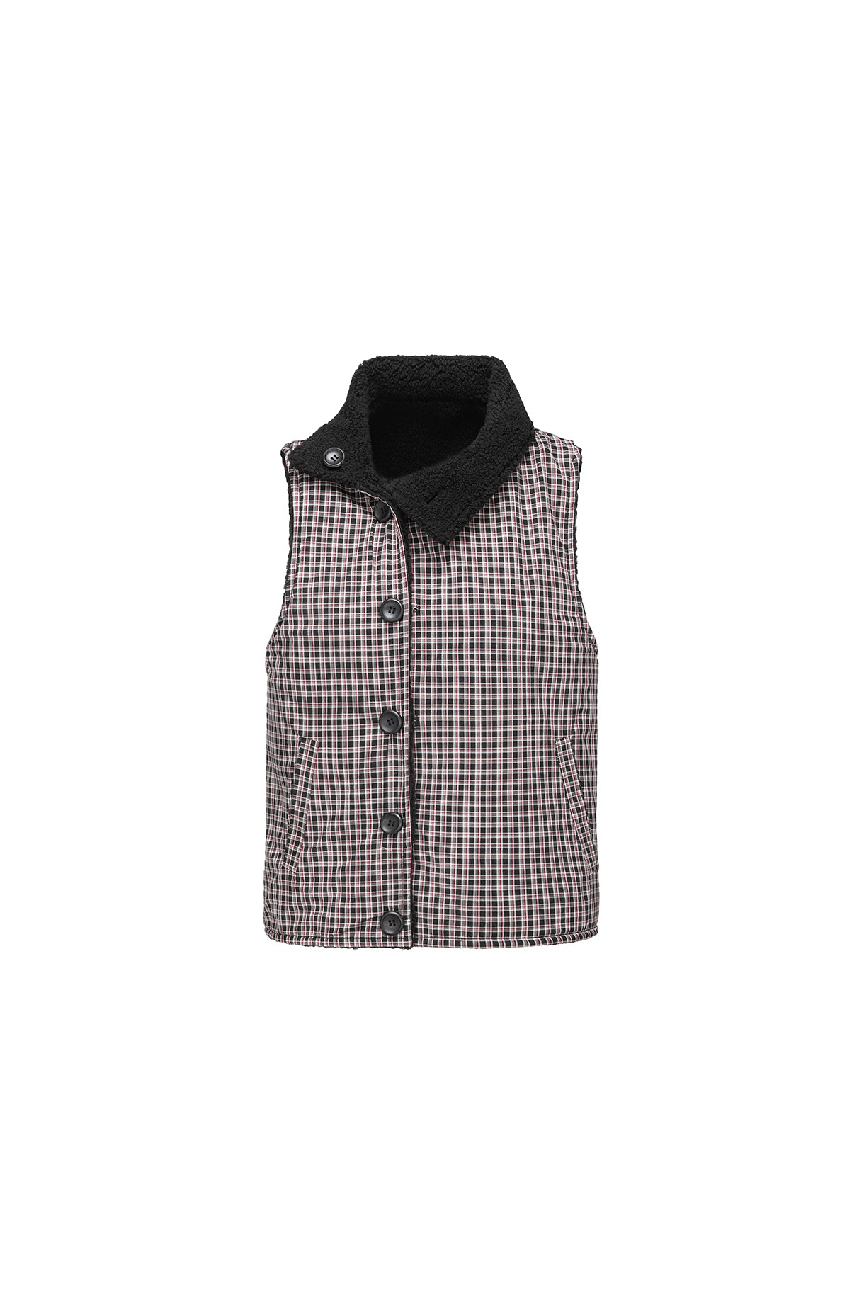 Black Plaid Reversible Diagonal-Front Plush Vest