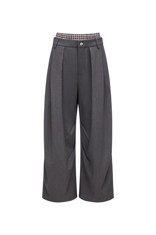 Black Cocoon Wide-Leg Checkered-Waist Trousers