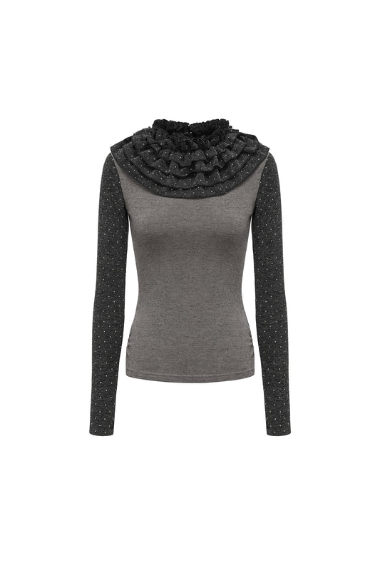Polka Dot Frill Detachable-Scarf Top