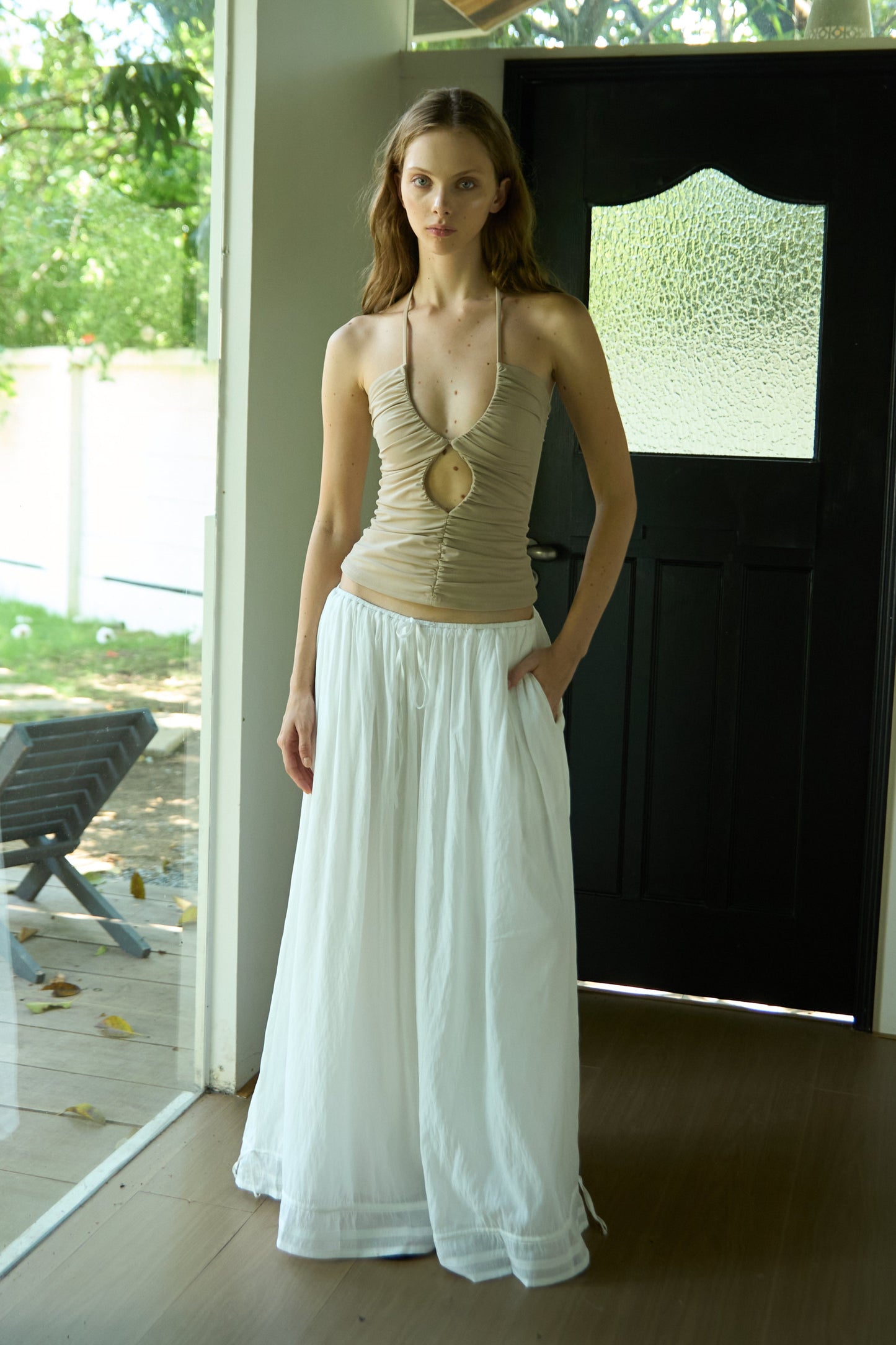 White Drawstring Pleated Baggy Pants