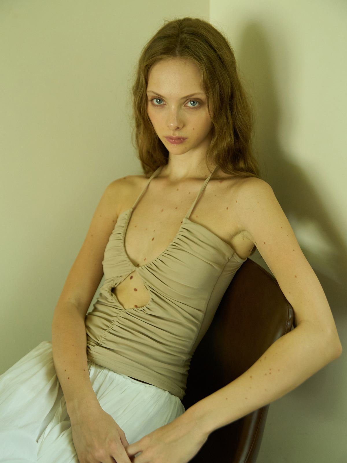 Nude Stretch Fitted Pleated Halter Top