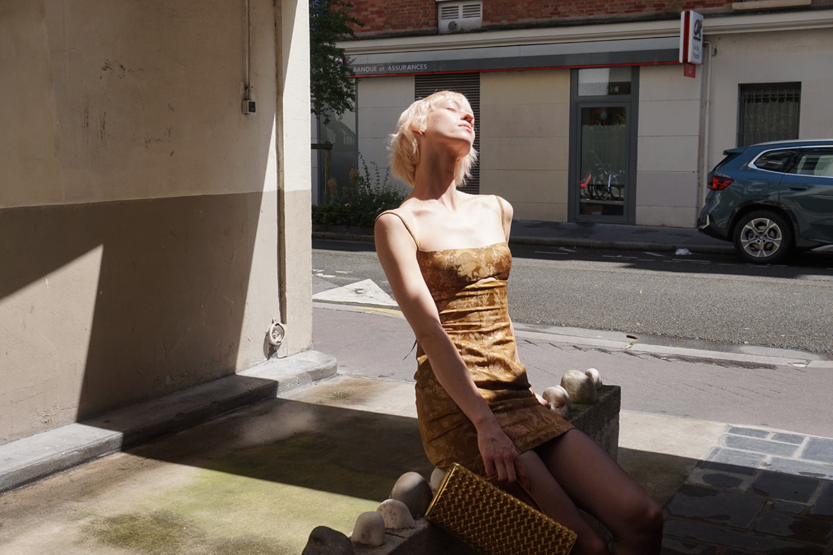 Gilded Bloom Jacquard Lace-Up Dress