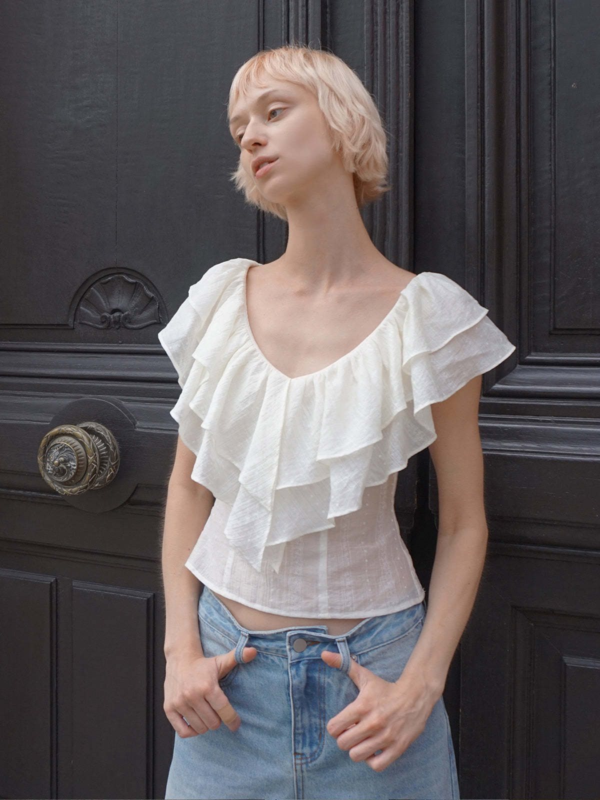 Sculpted Ruffle-Neck Top