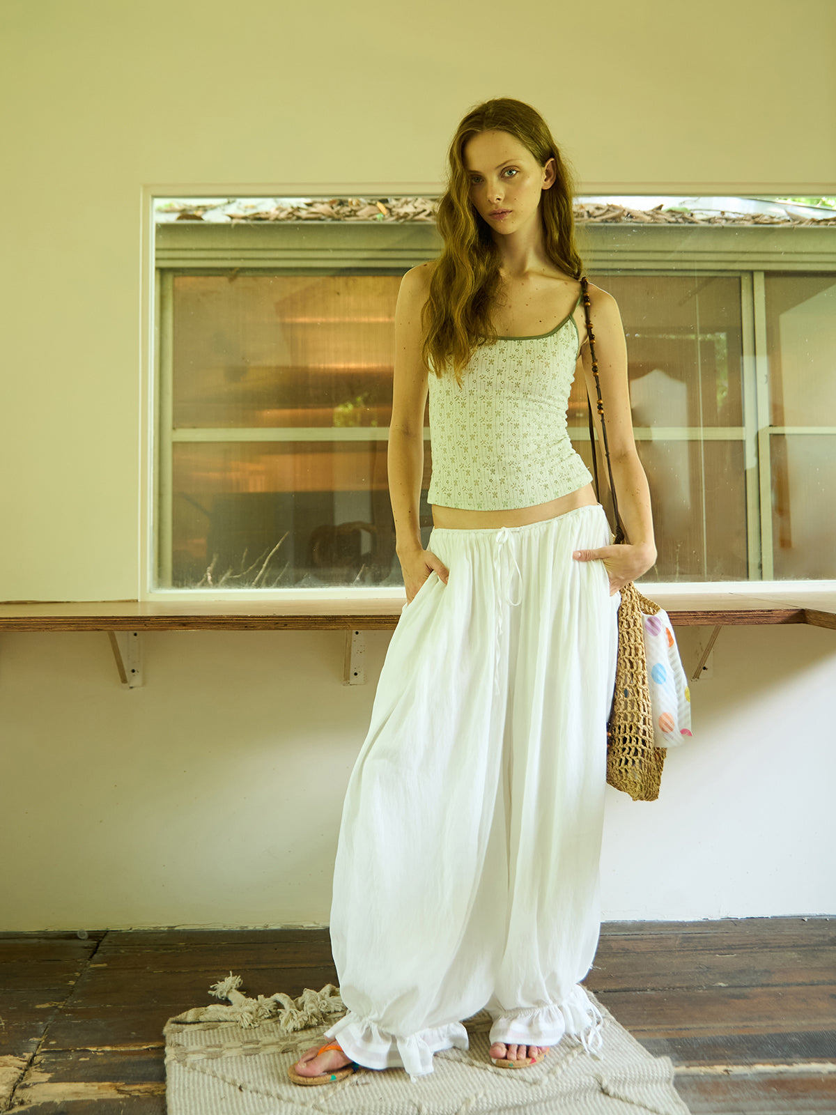 White Drawstring Pleated Baggy Pants