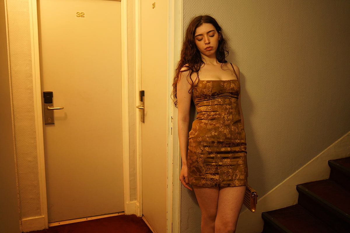 Gilded Bloom Jacquard Lace-Up Dress