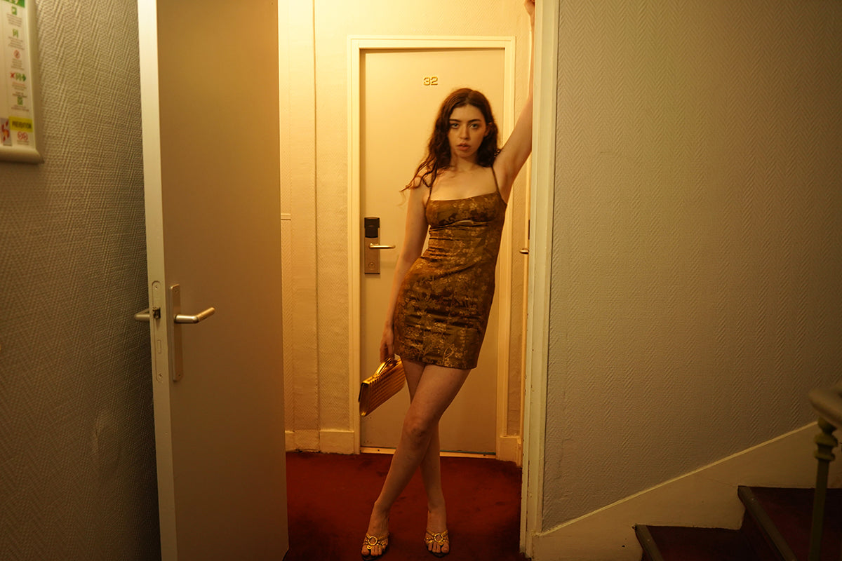 Gilded Bloom Jacquard Lace-Up Dress