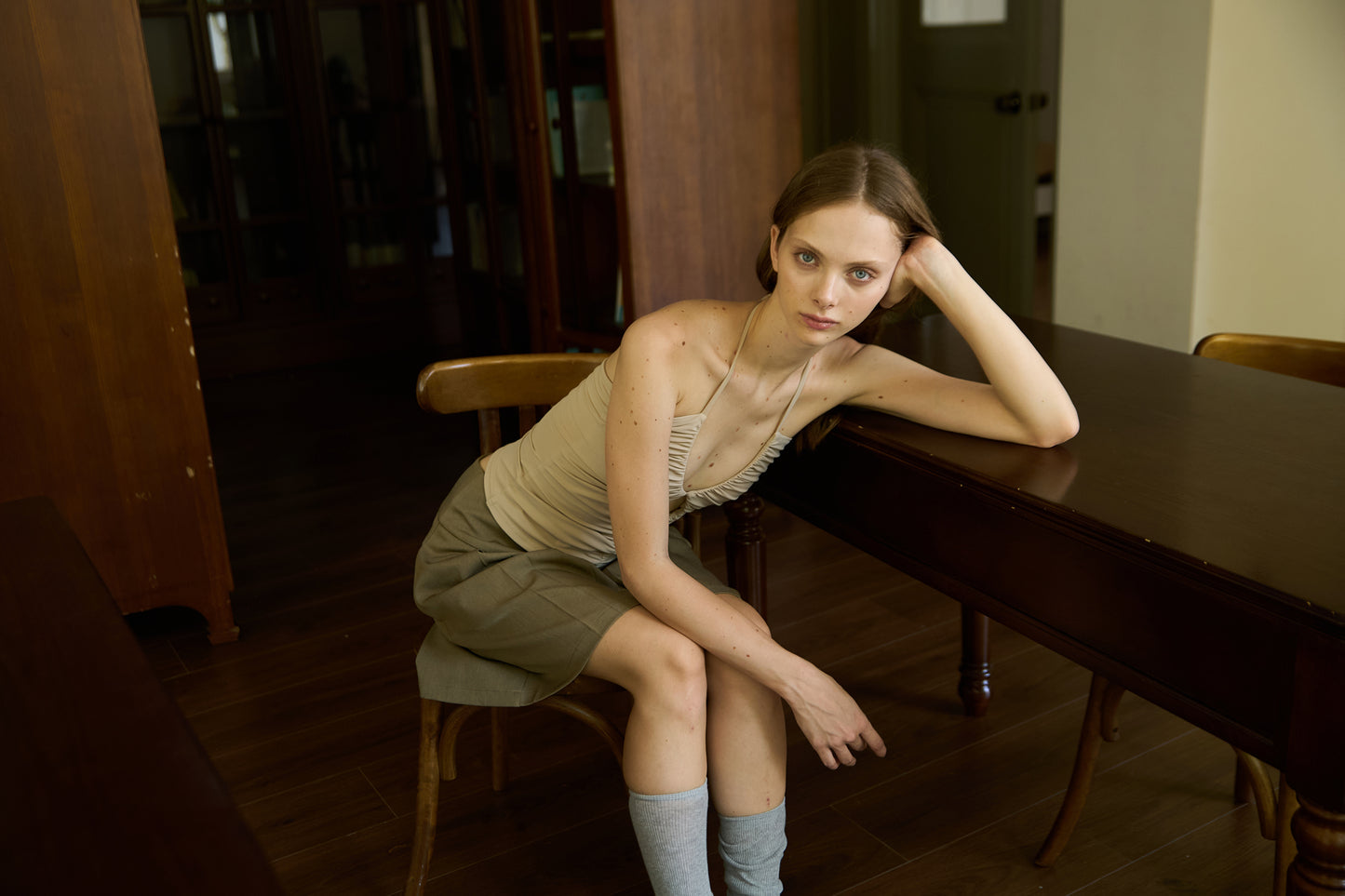 Nude Stretch Fitted Pleated Halter Top