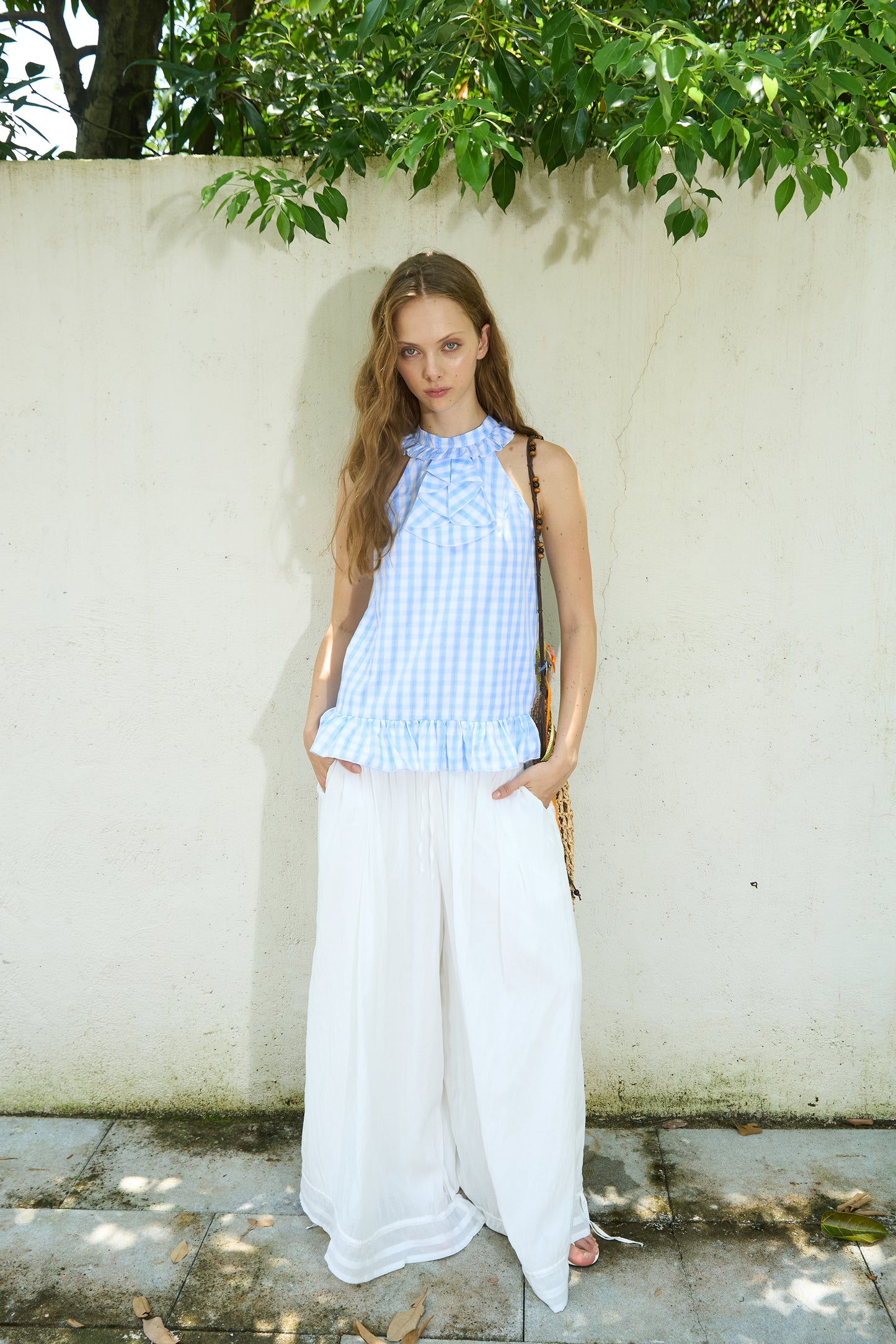 White Drawstring Pleated Baggy Pants