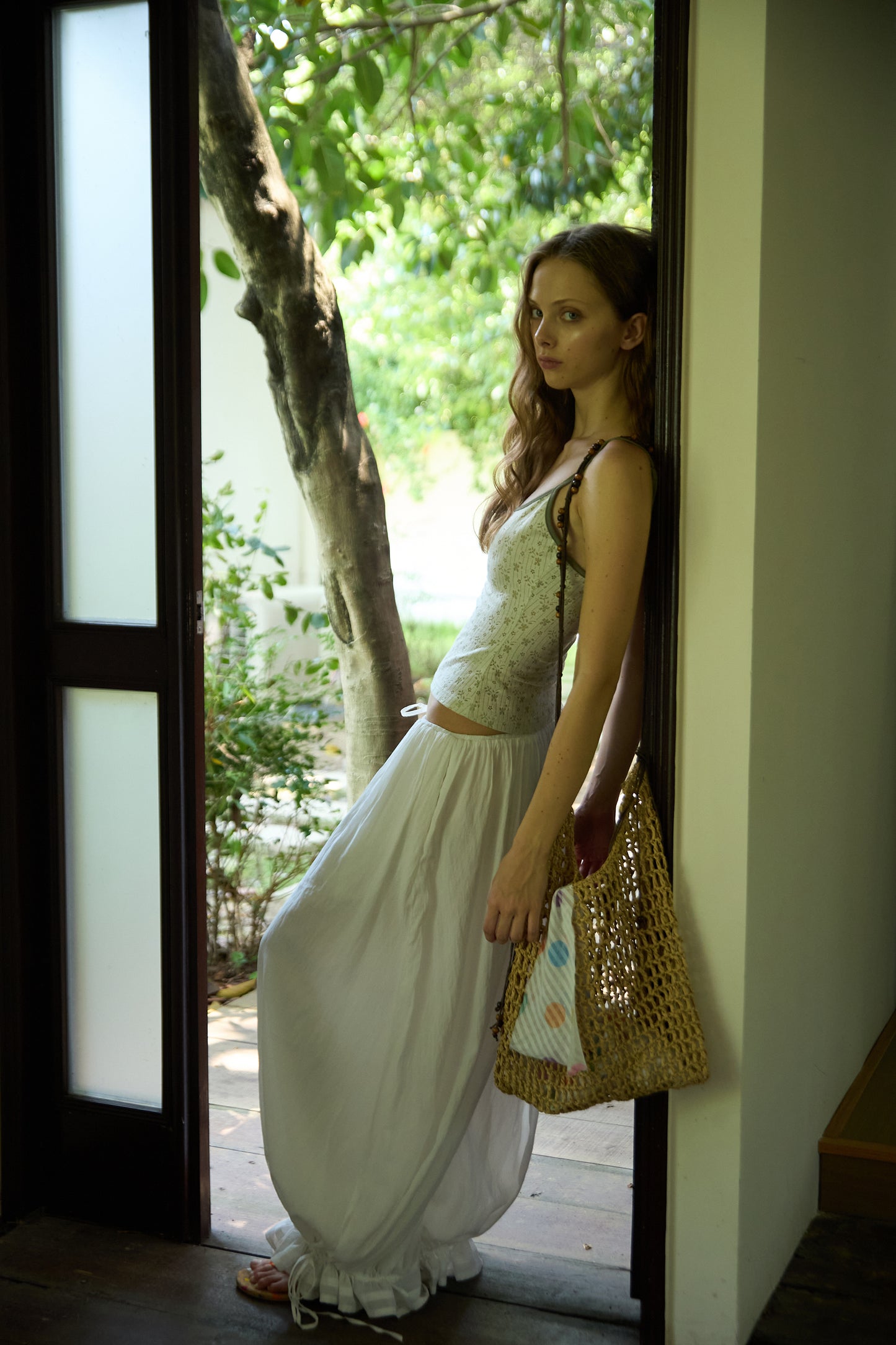 White Drawstring Pleated Baggy Pants