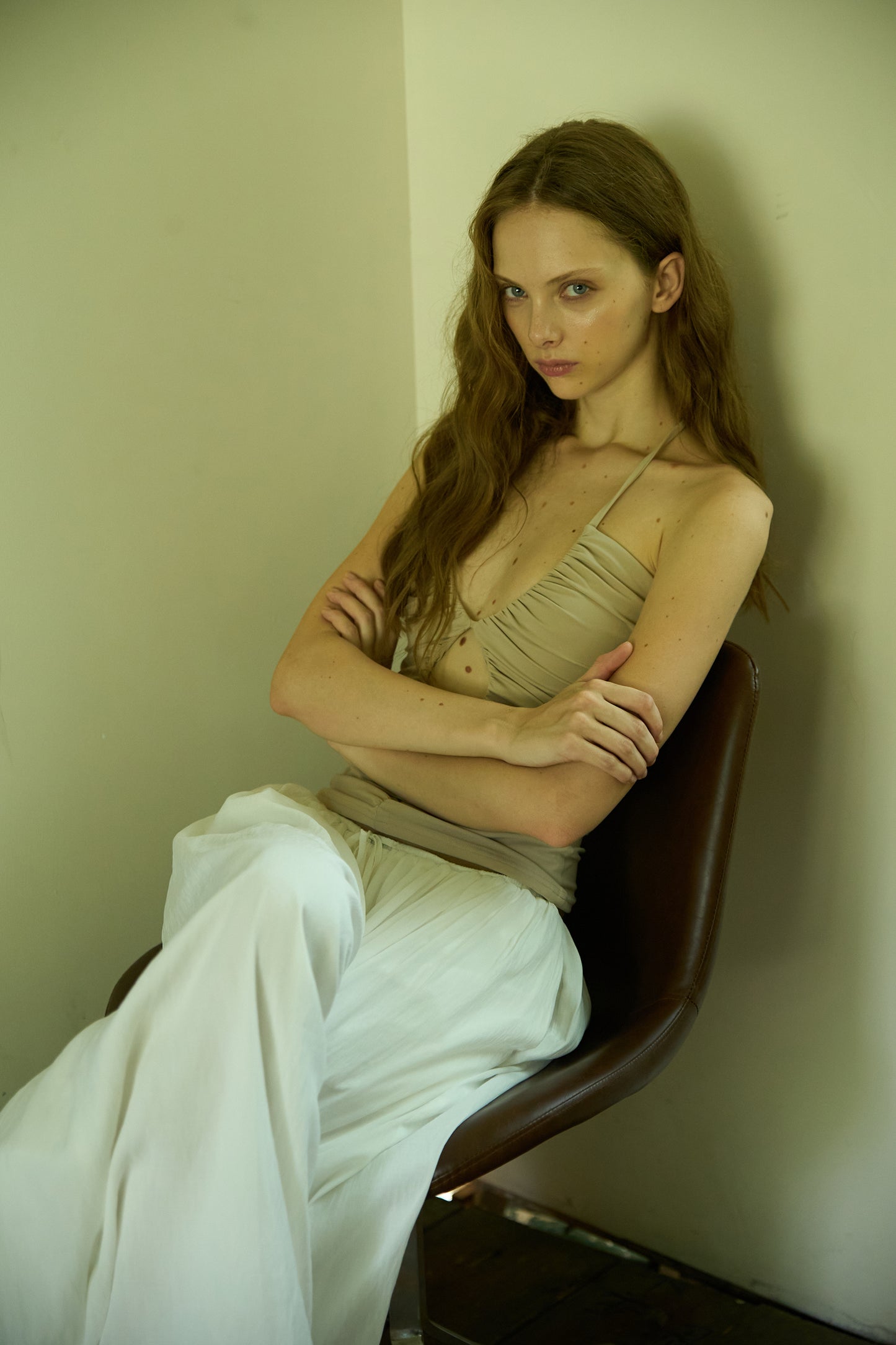 Nude Stretch Fitted Pleated Halter Top