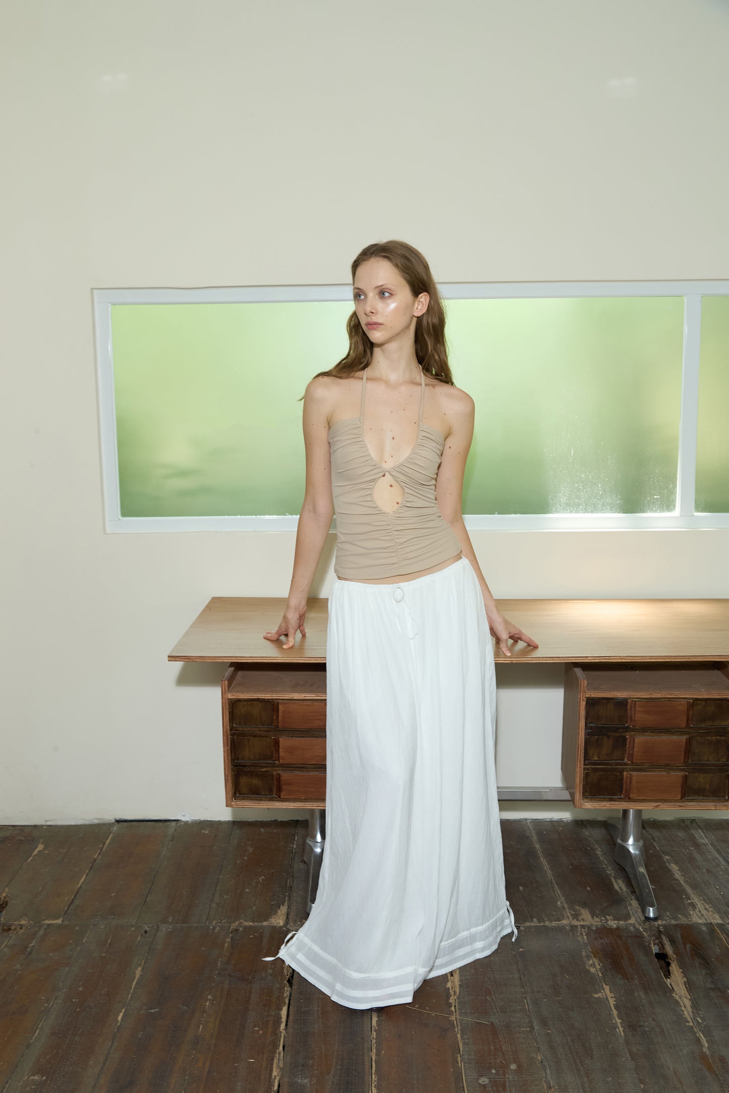 White Drawstring Pleated Baggy Pants