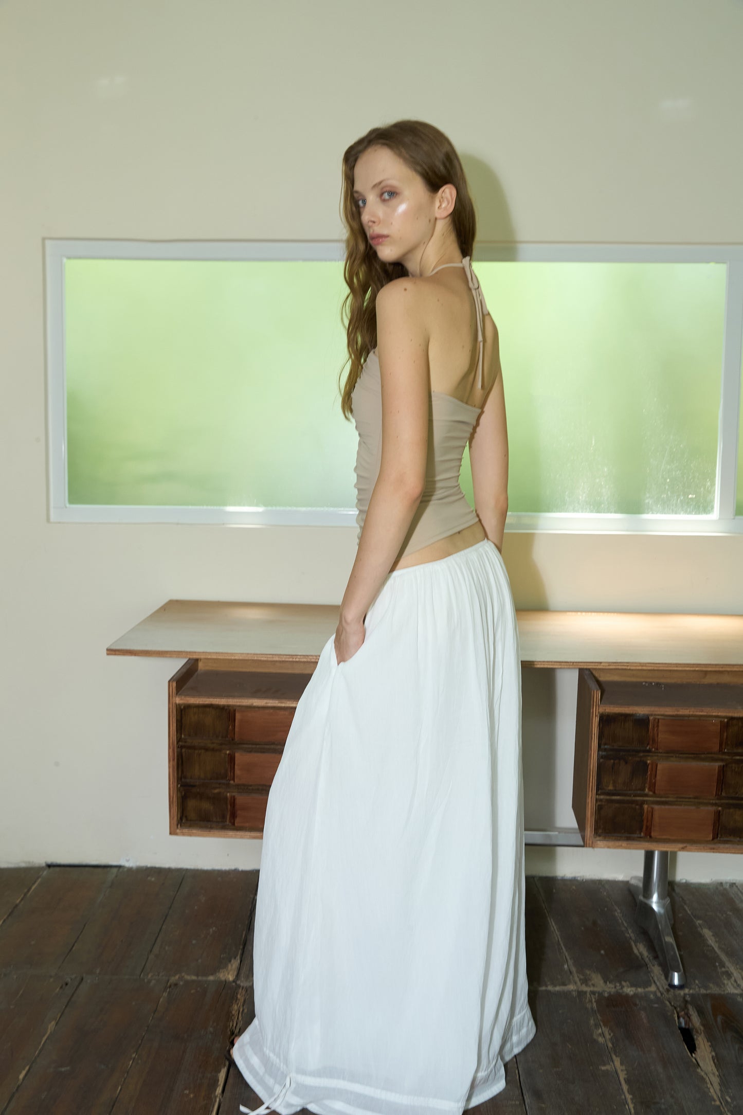 Nude Stretch Fitted Pleated Halter Top