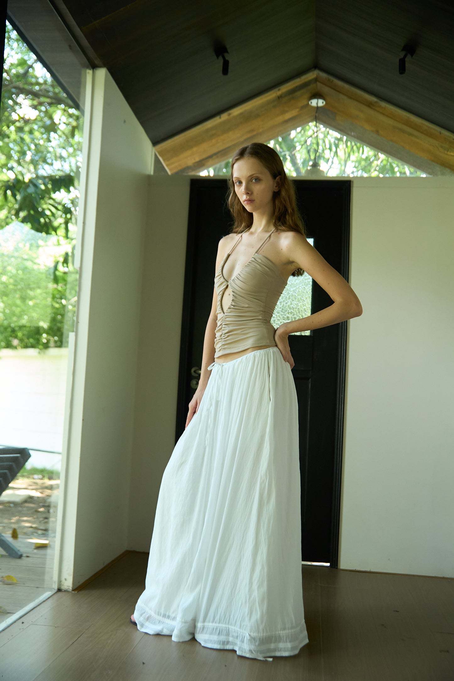 Nude Stretch Fitted Pleated Halter Top