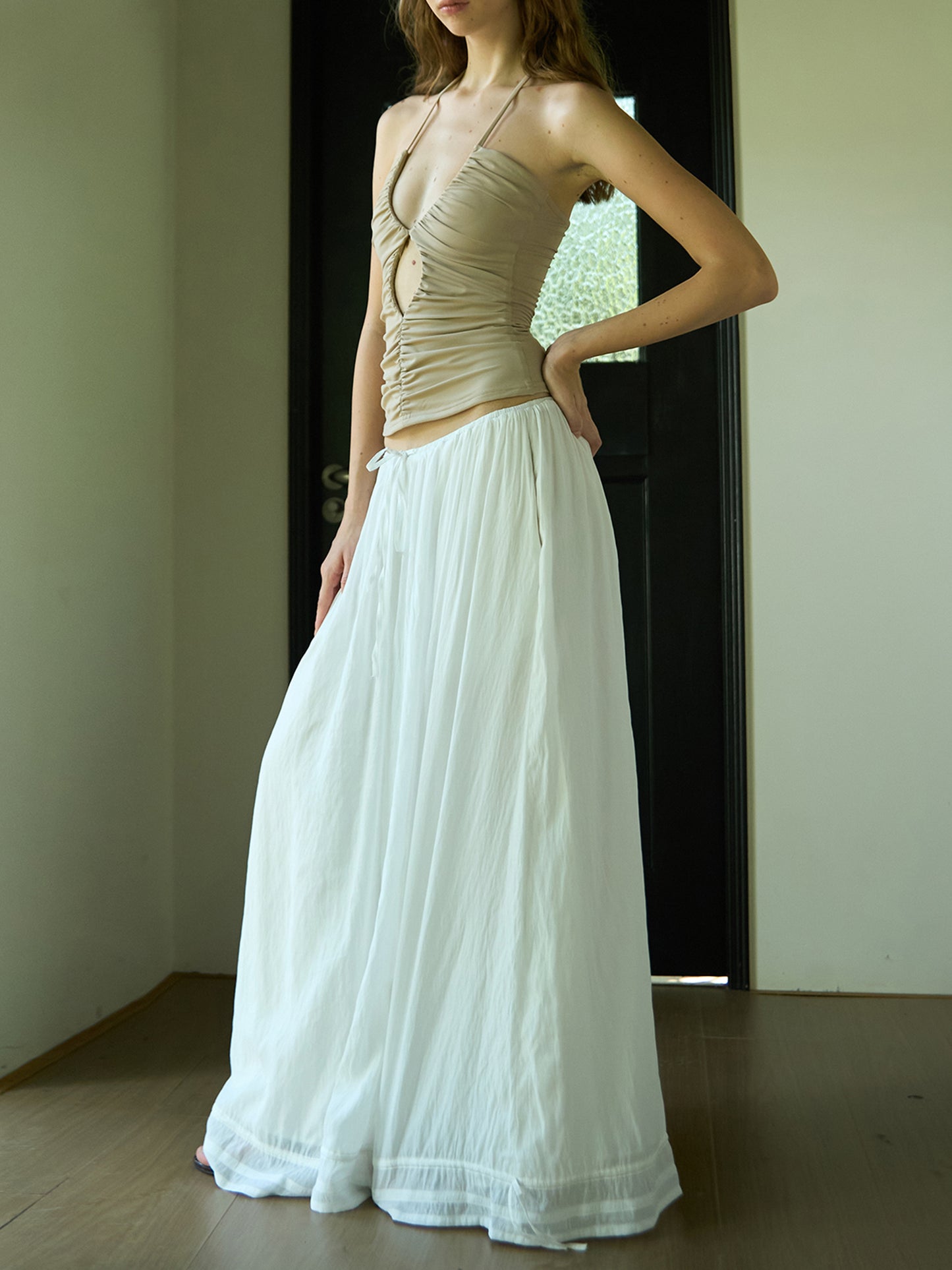 White Drawstring Pleated Baggy Pants