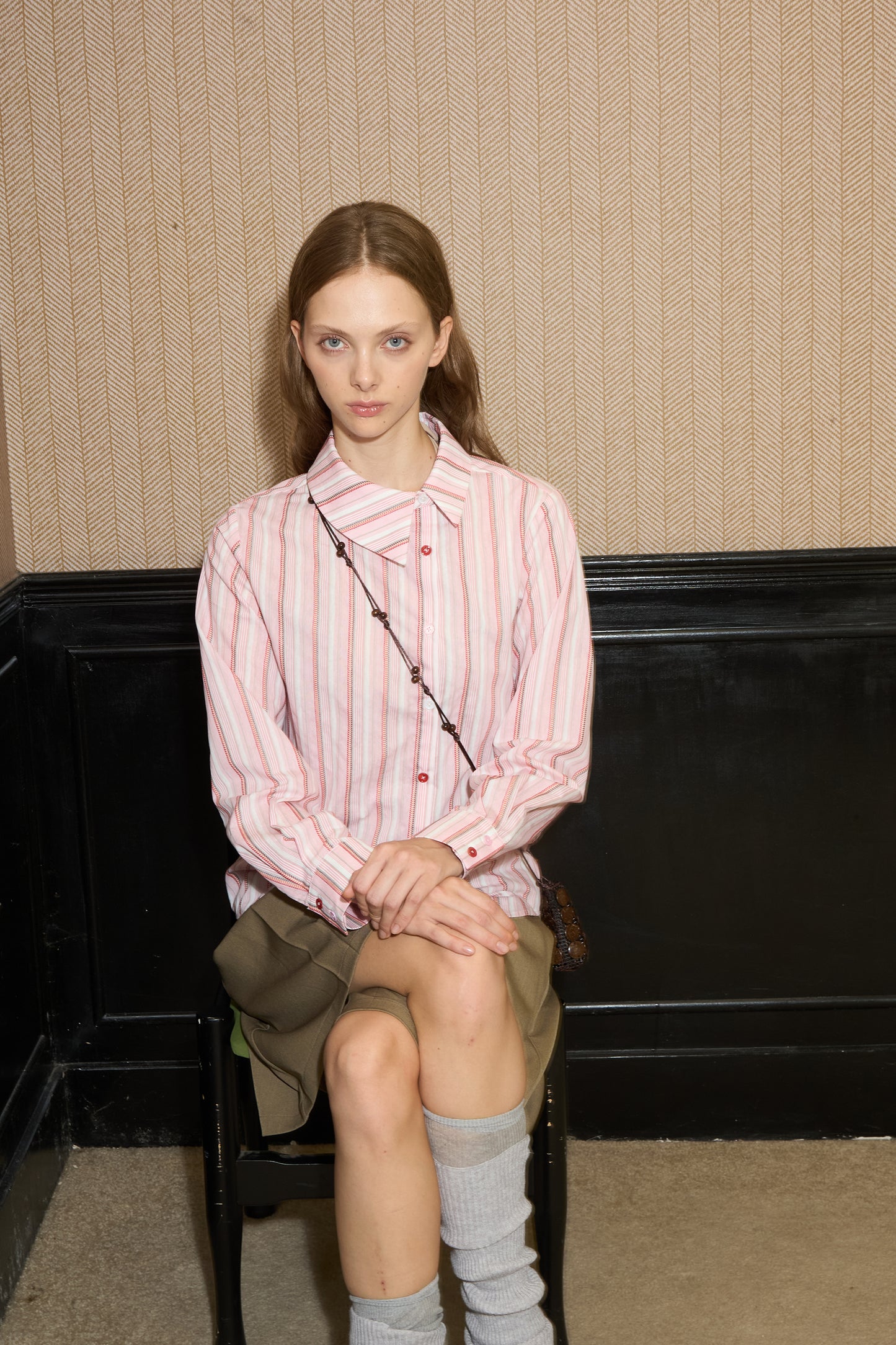 Asymmetrical Collar Pink Striped Shirt