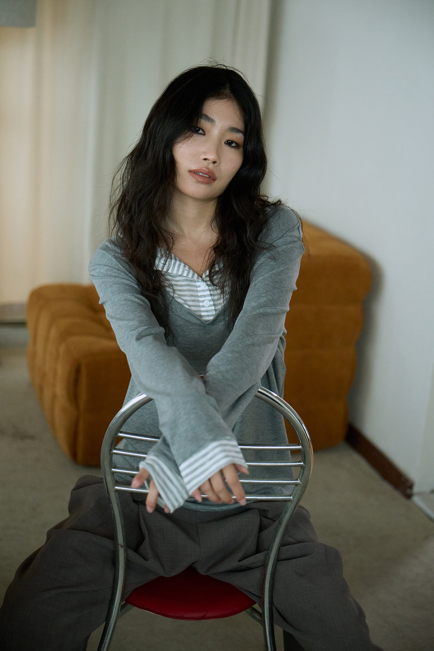 Grey Stripe Layered Long-Sleeve Top