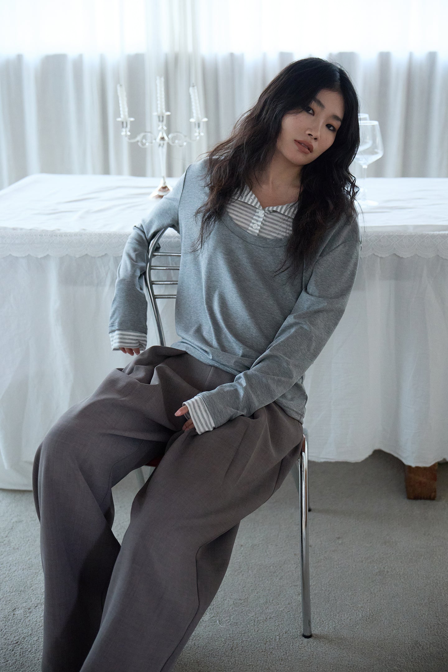 Grey Stripe Layered Long-Sleeve Top