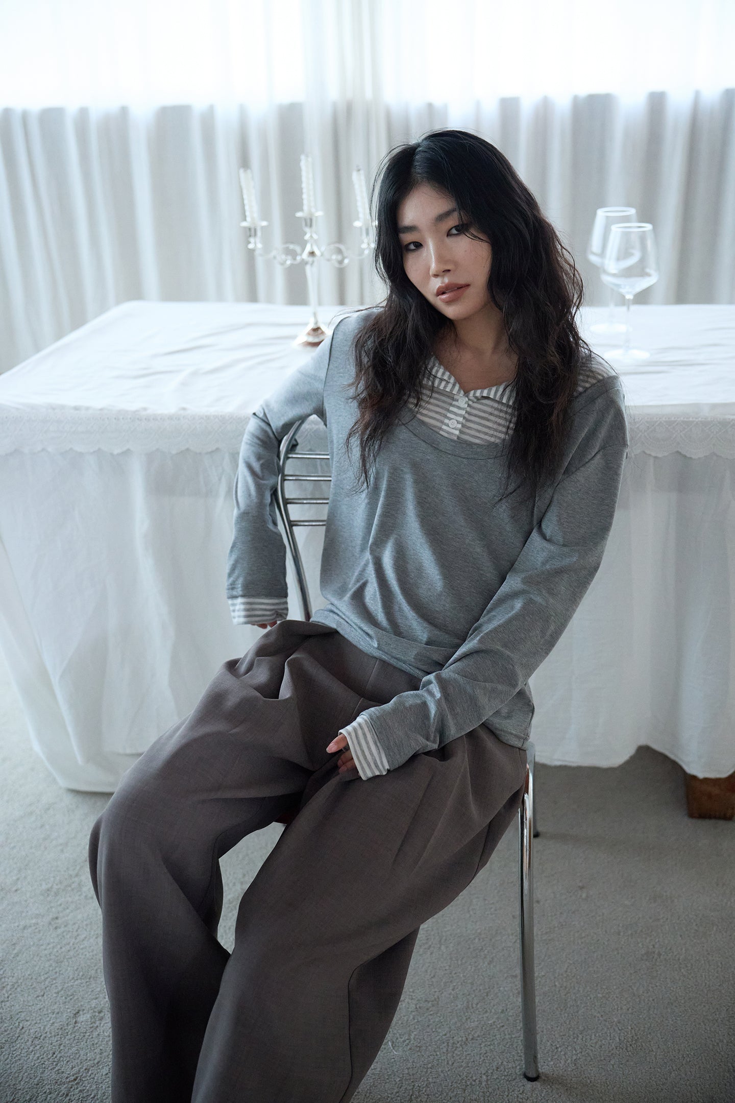 Grey High-Waisted Pleated Wide-Leg Trousers