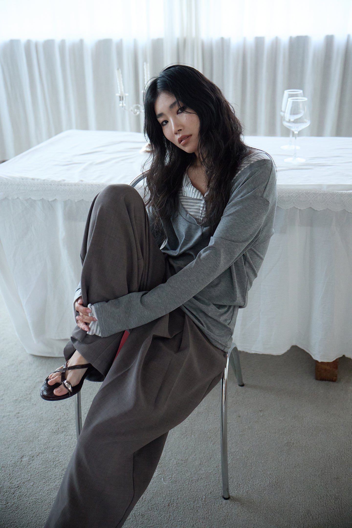 Grey Stripe Layered Long-Sleeve Top