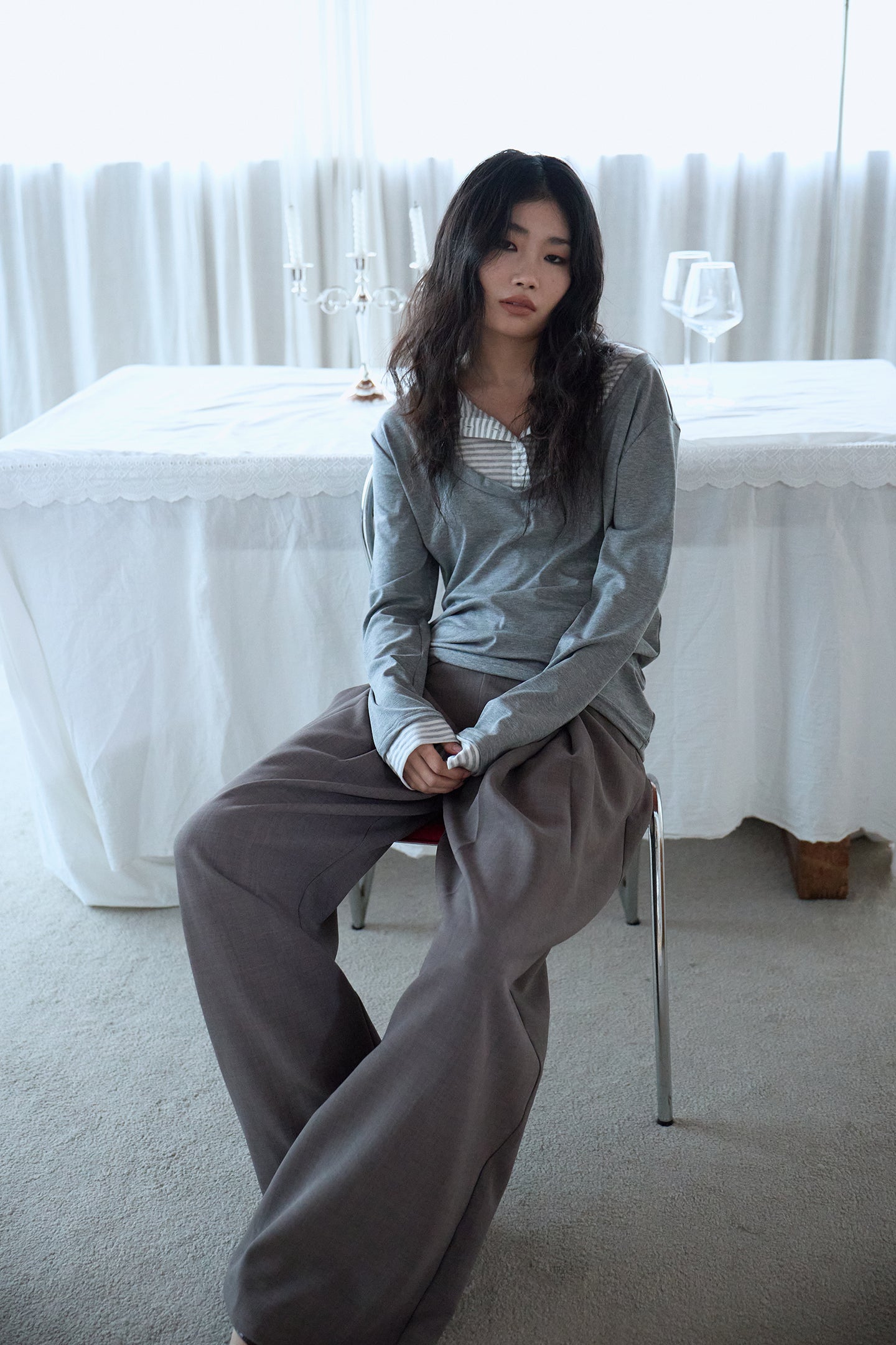 Grey Stripe Layered Long-Sleeve Top