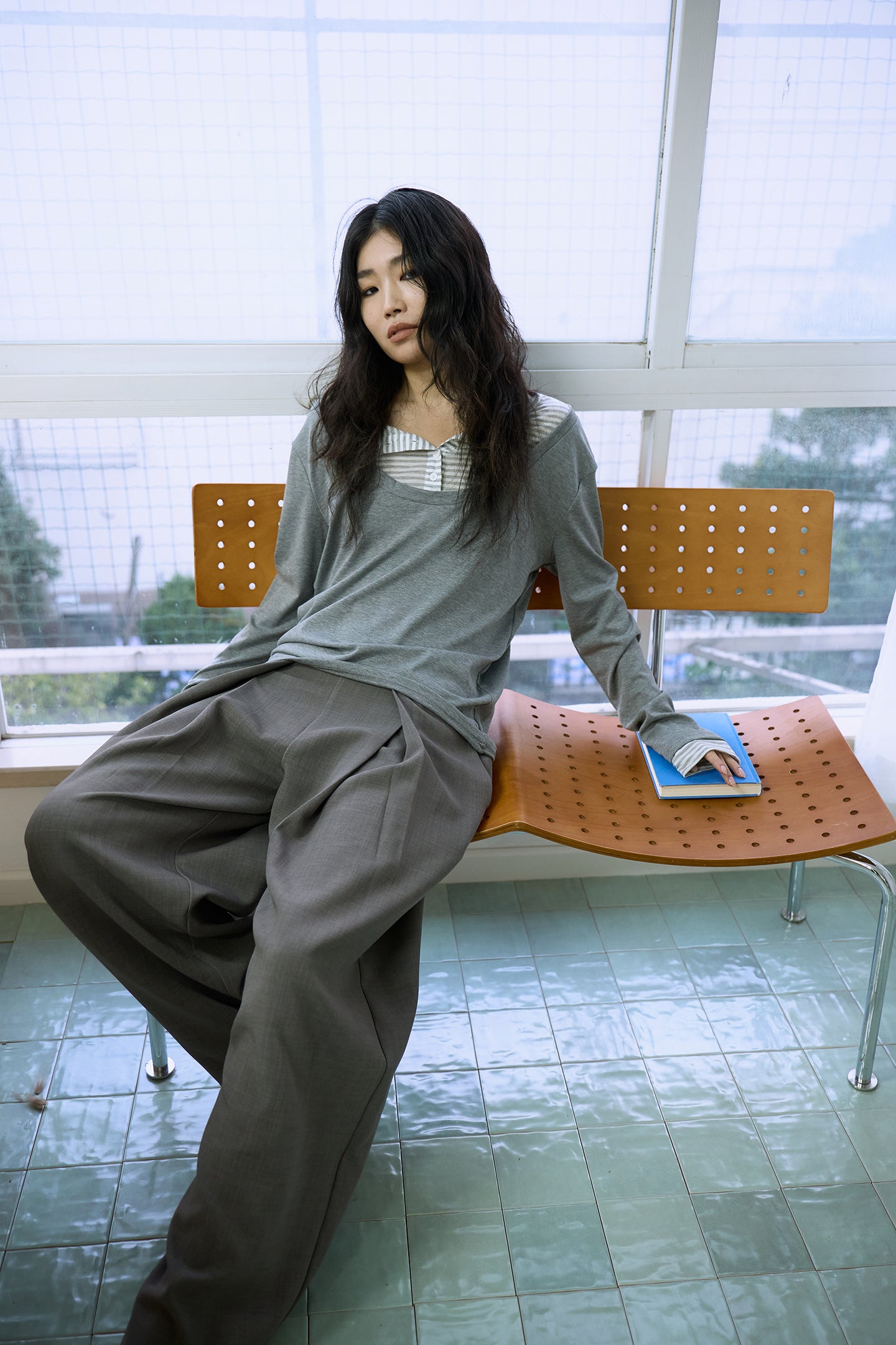 Grey High-Waisted Pleated Wide-Leg Trousers