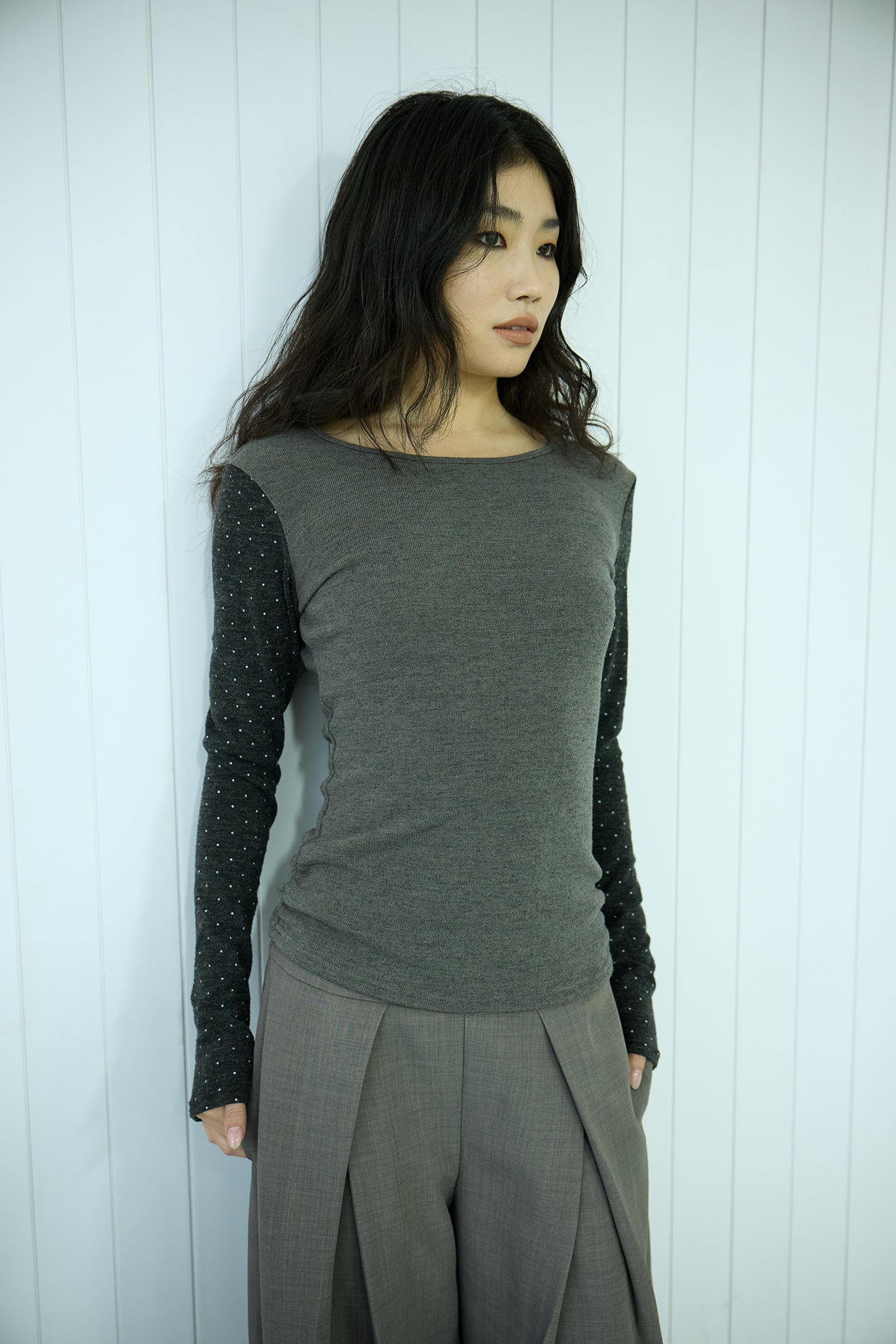 Polka Dot Frill Detachable-Scarf Top