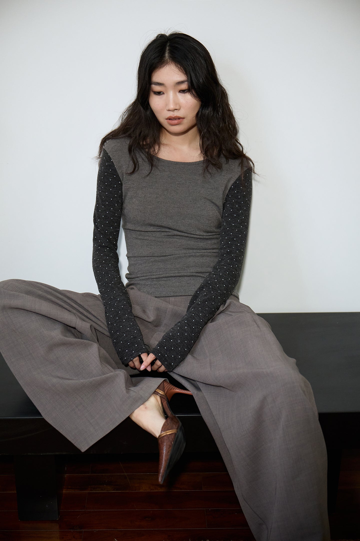 Grey High-Waisted Pleated Wide-Leg Trousers
