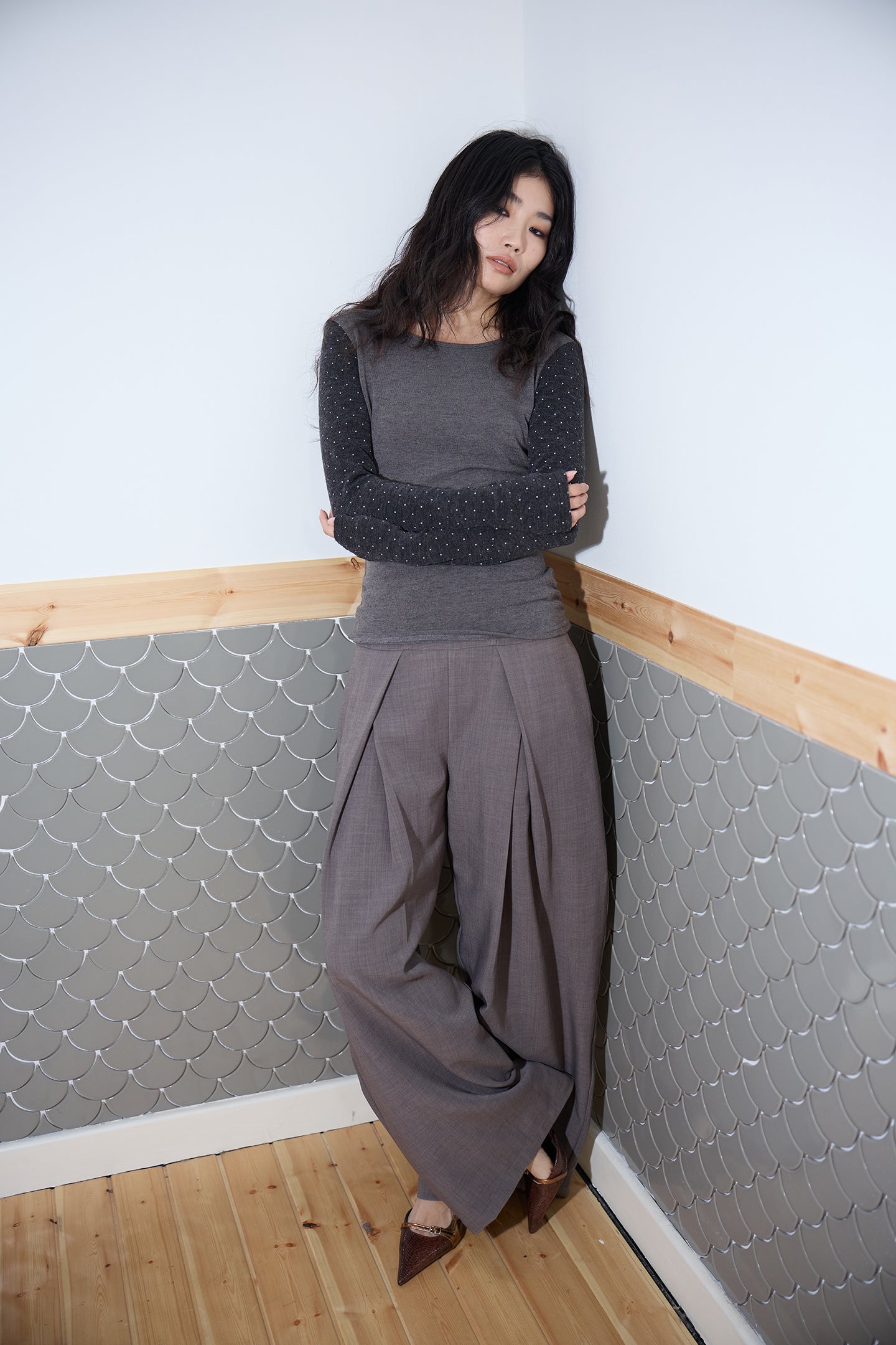 Polka Dot Frill Detachable-Scarf Top