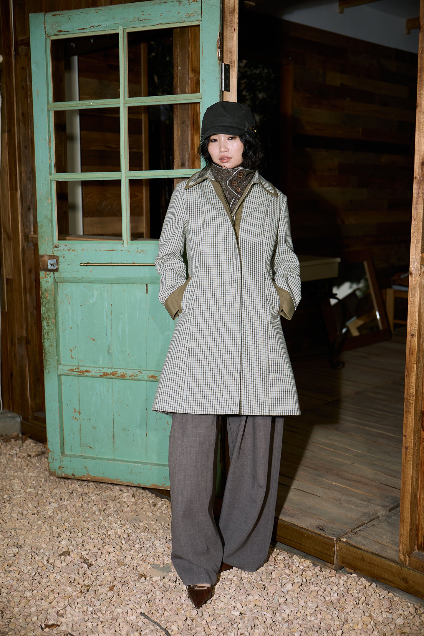 Green Check Mid-Long Fitted Coat