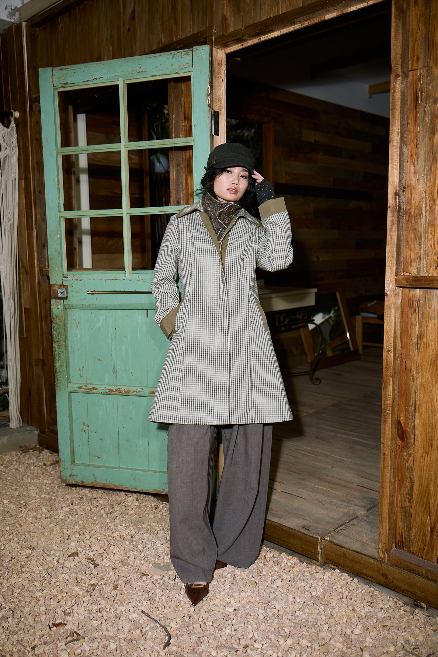 Green Check Mid-Long Fitted Coat