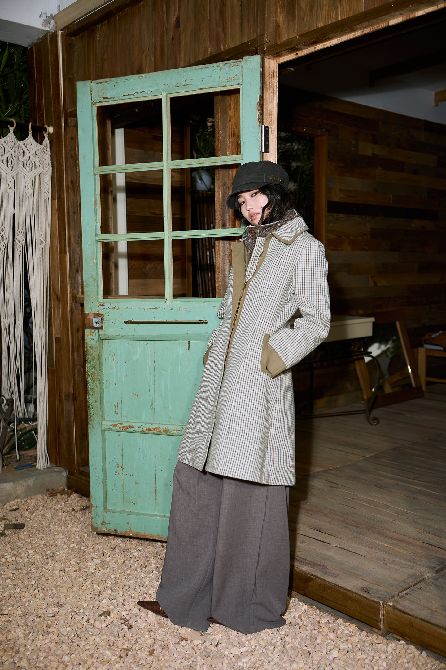 Green Check Mid-Long Fitted Coat