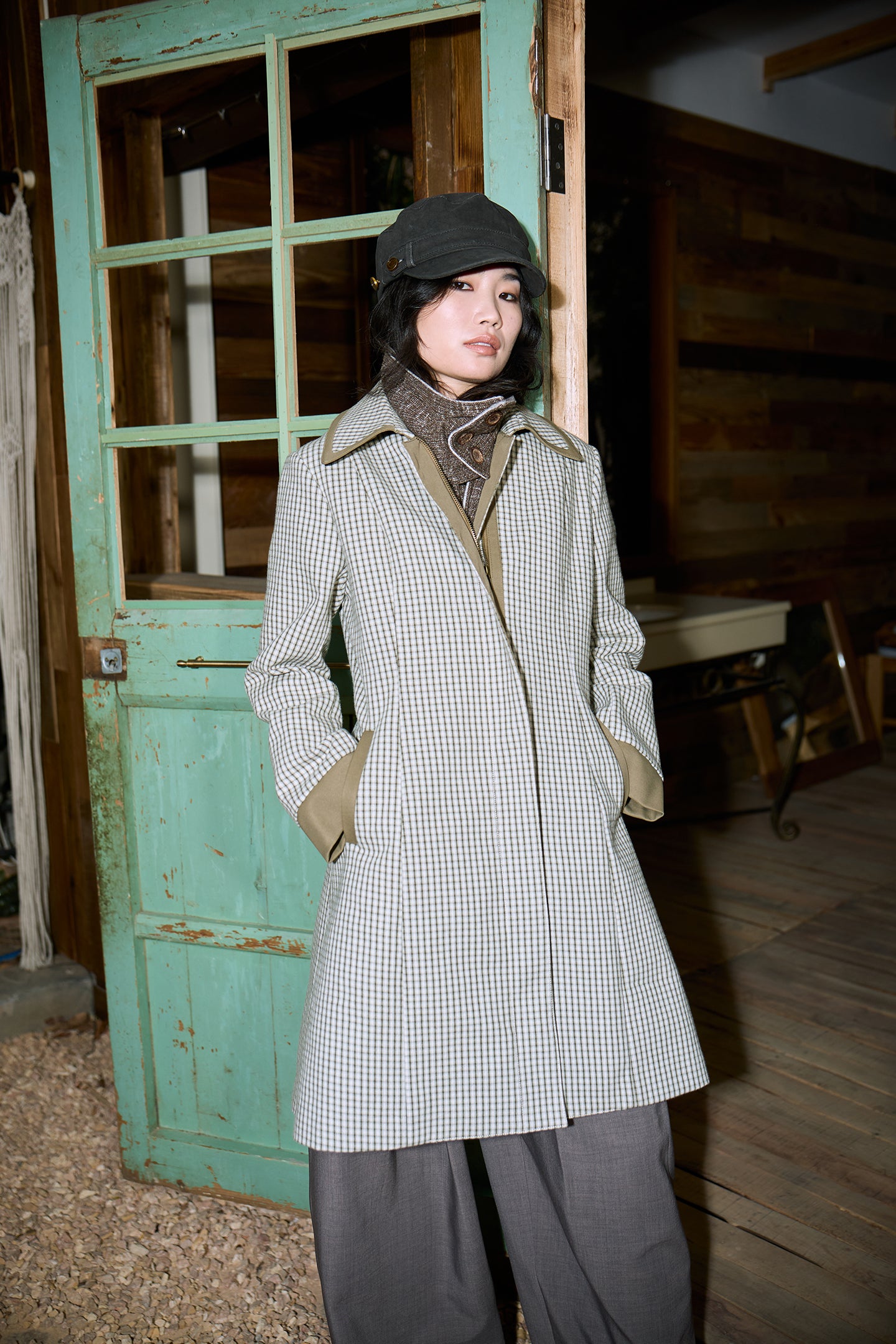 Green Check Mid-Long Fitted Coat