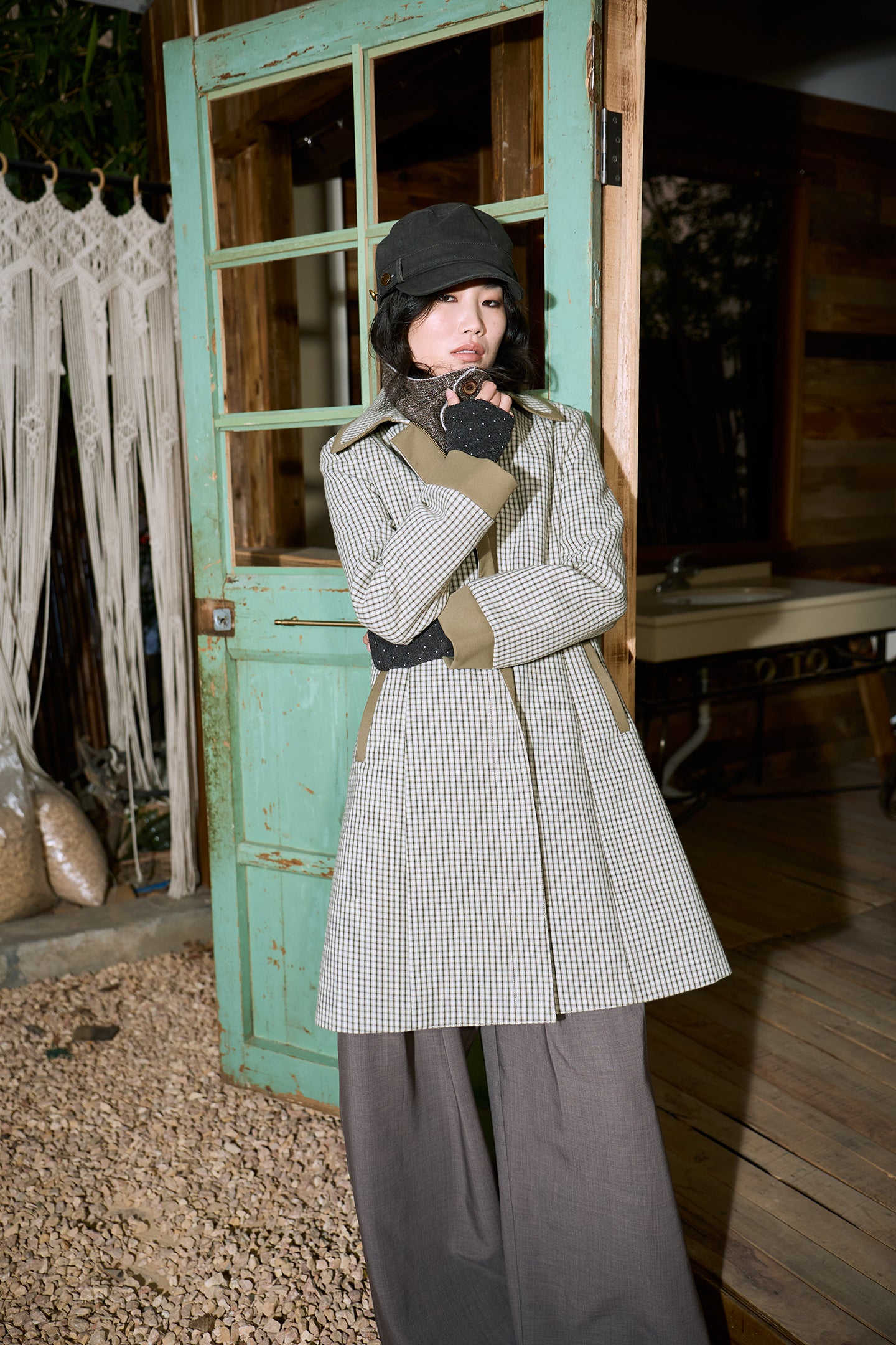 Green Check Mid-Long Fitted Coat