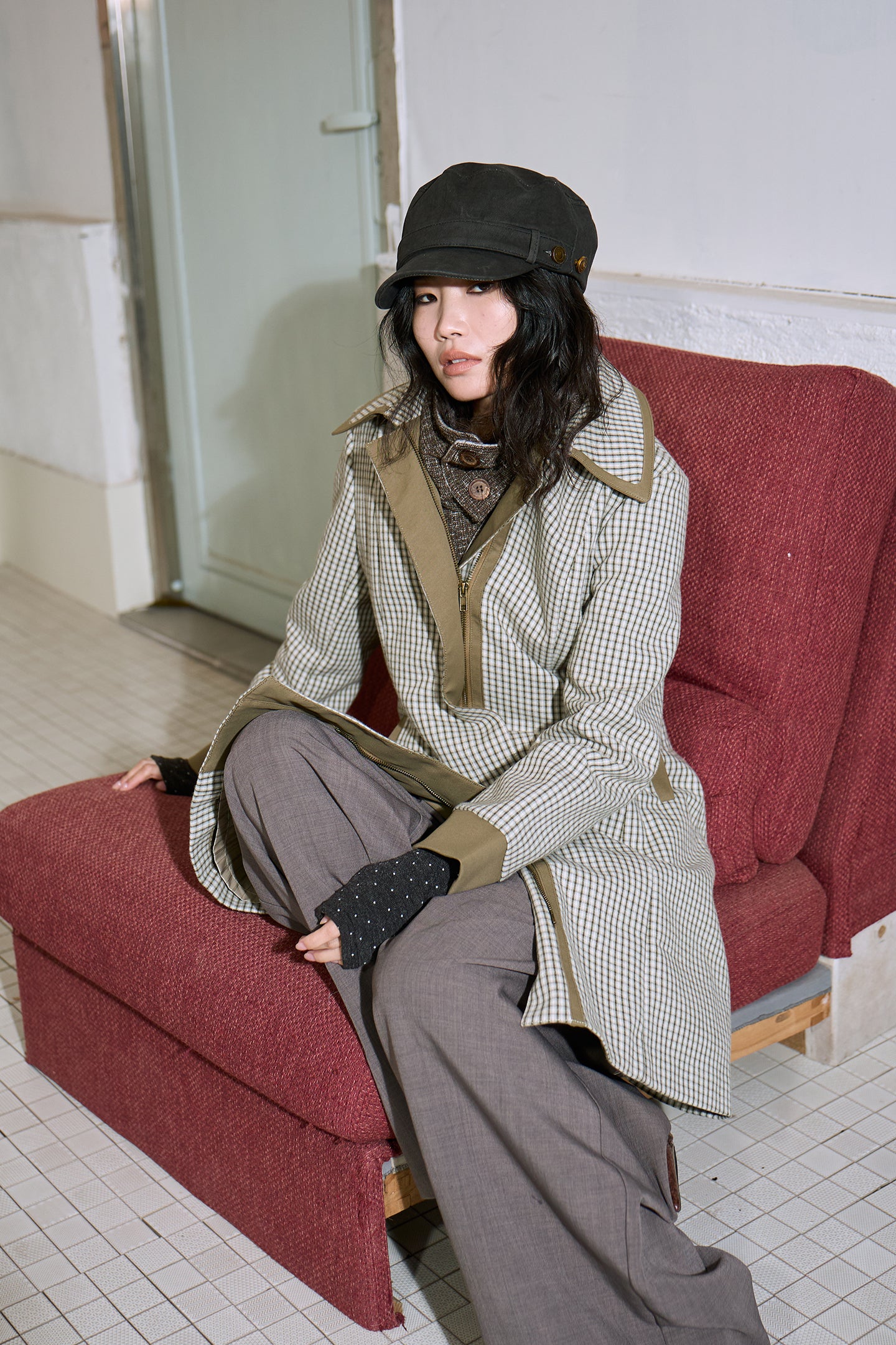 Green Check Mid-Long Fitted Coat