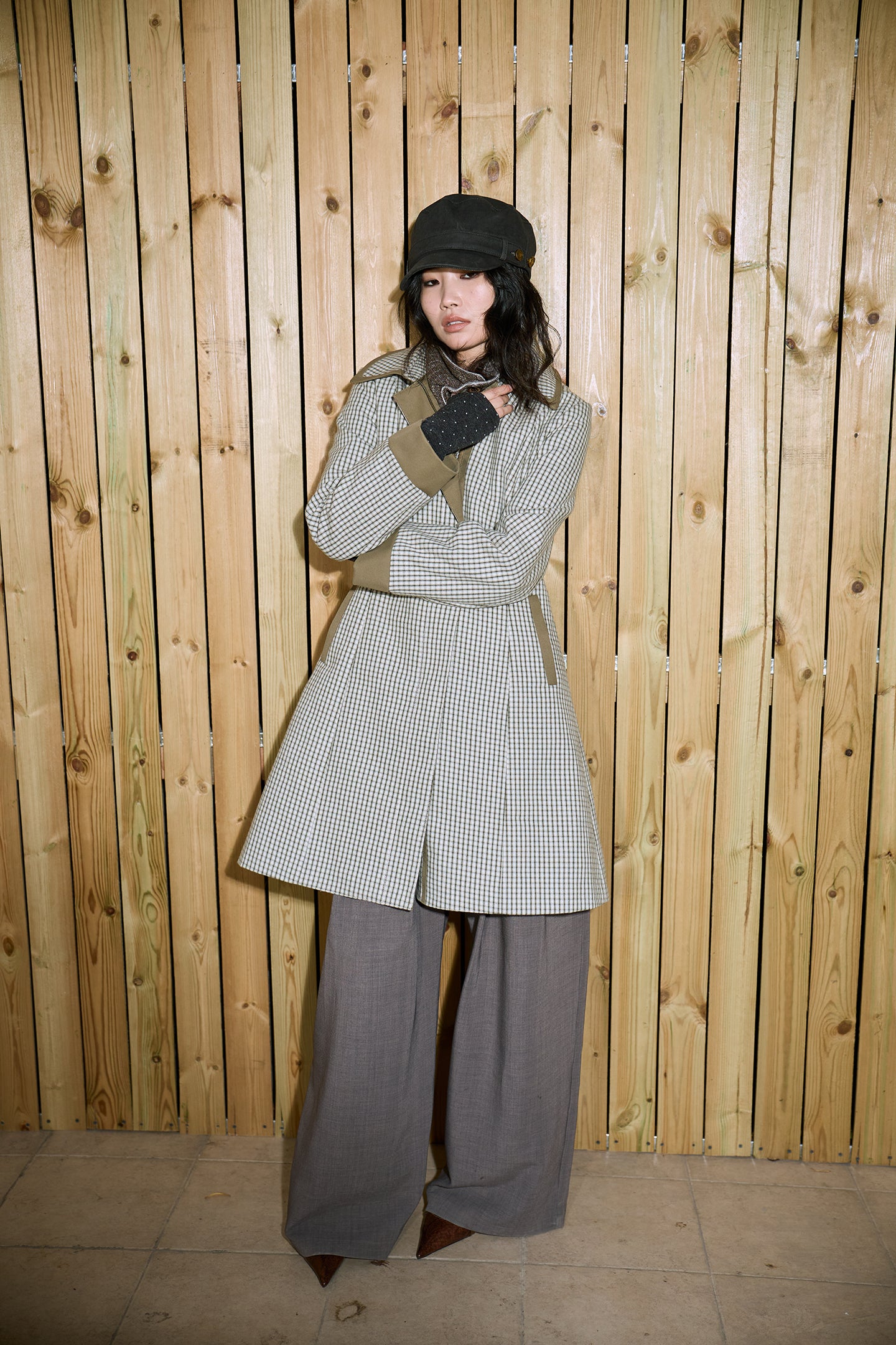 Green Check Mid-Long Fitted Coat