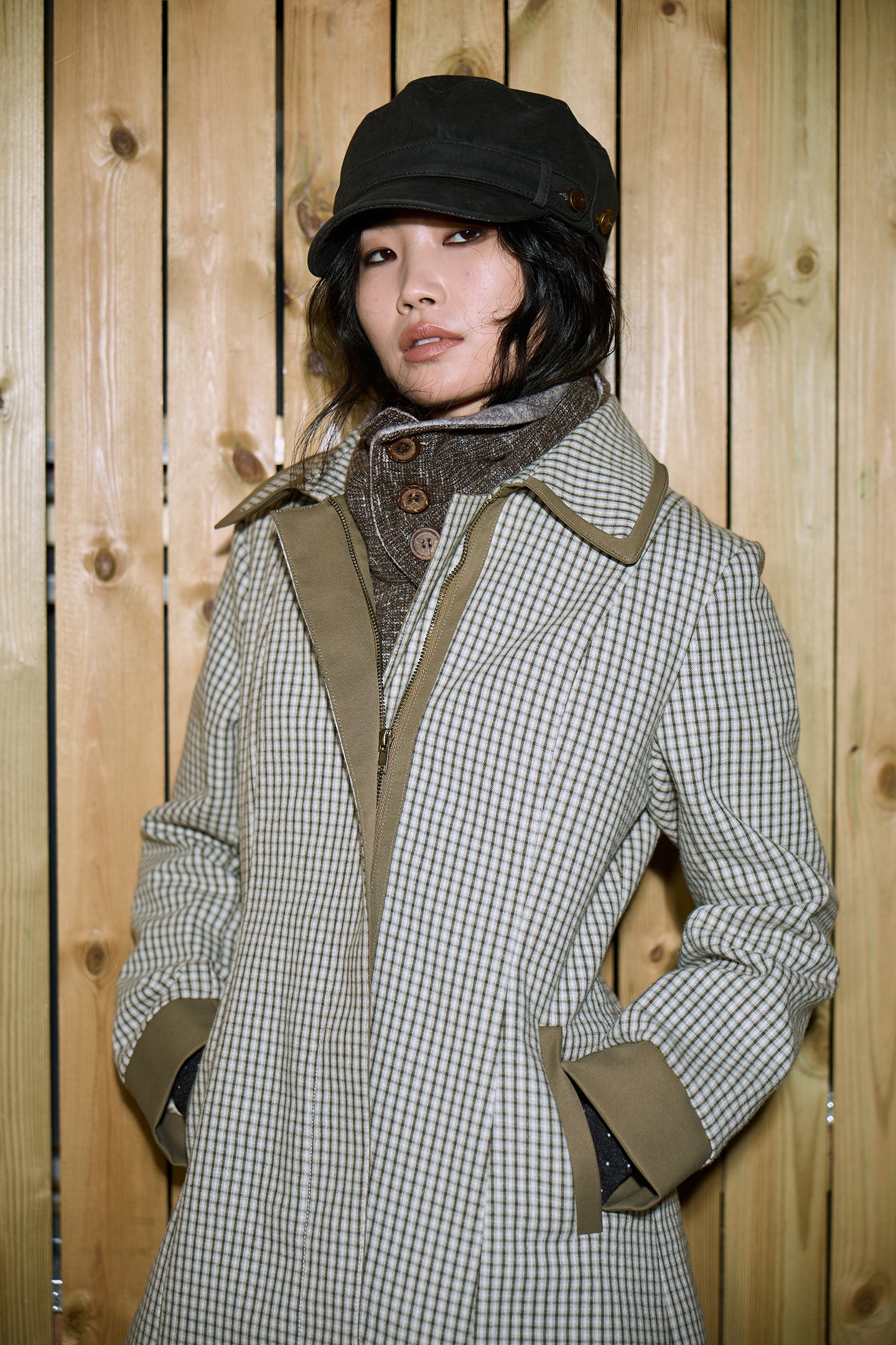 Green Check Mid-Long Fitted Coat