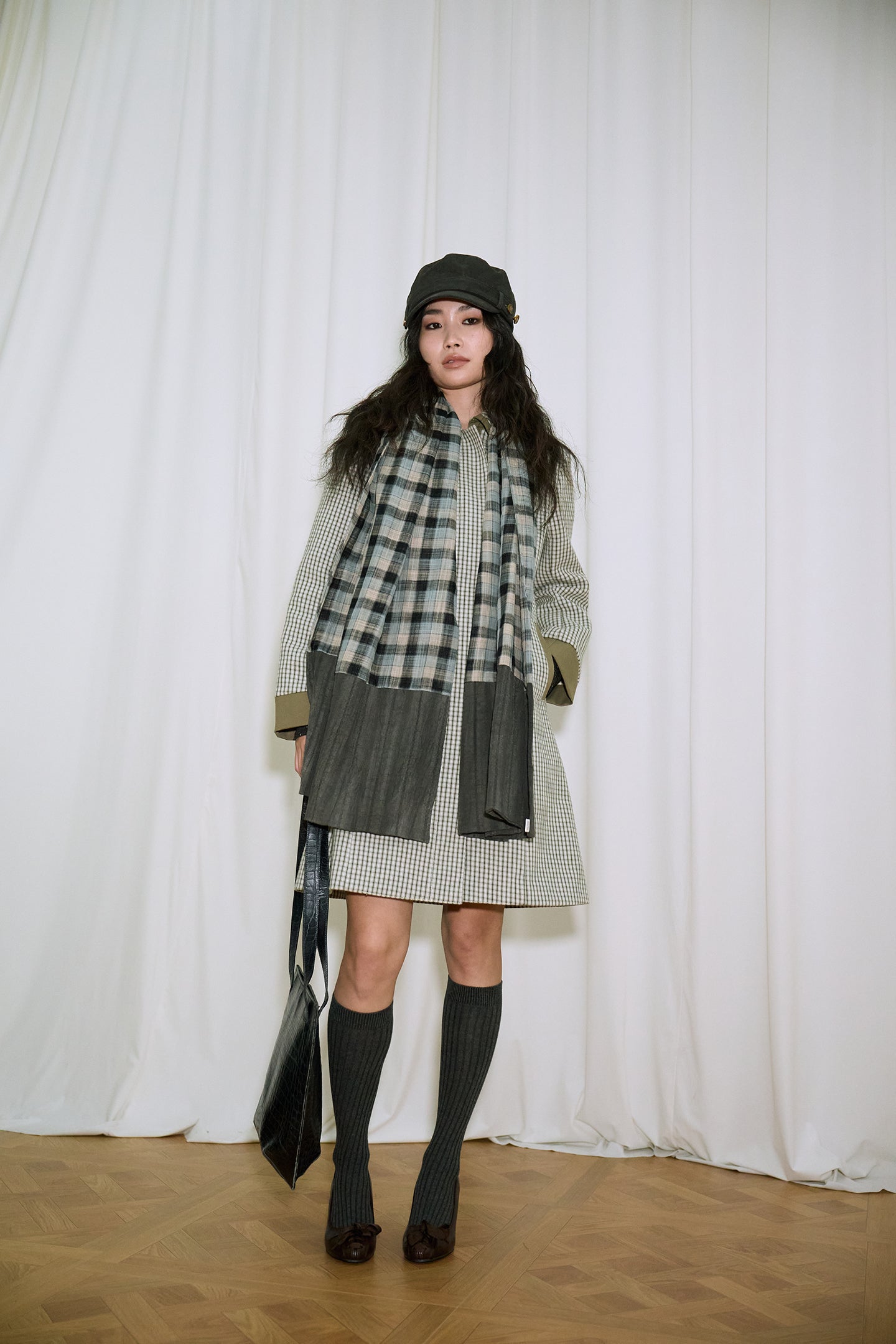 Green Check Mid-Long Fitted Coat