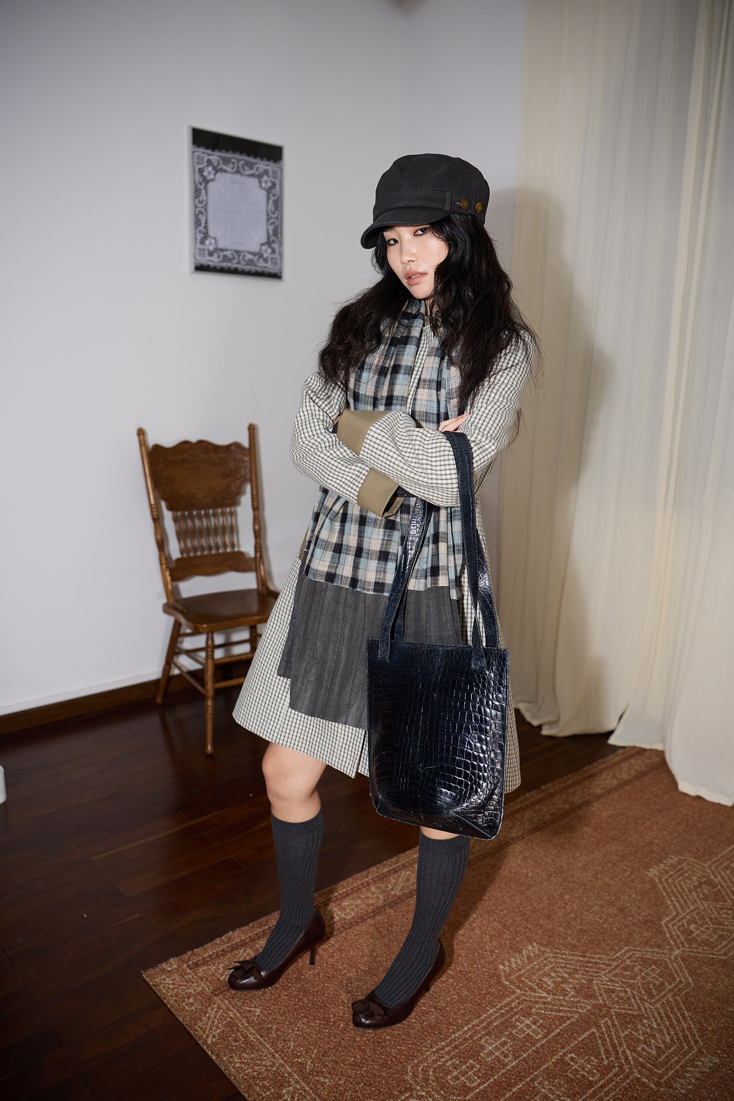 Green Check Mid-Long Fitted Coat